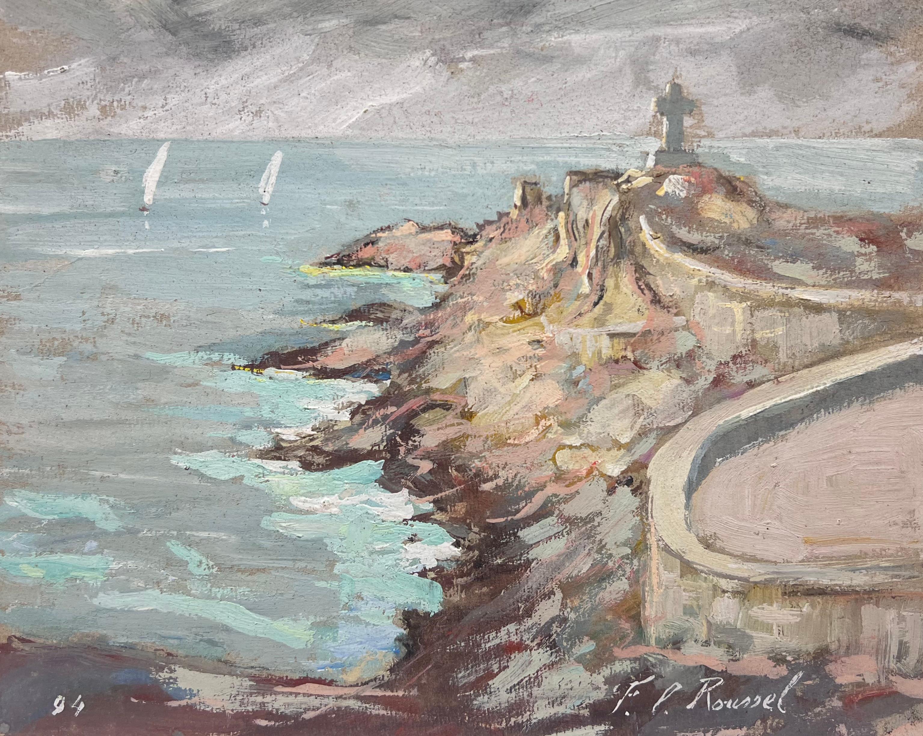 Vista del acantilado
firmado por Fanch Lel (francés, 1930)
fechado en 94
Tamaño: 8,75 x 10,5 pulgadas
Óleo sobre tabla, sin enmarcar
doble cara 
Estado de conservación: El cuadro está en buen estado, con pequeños signos de