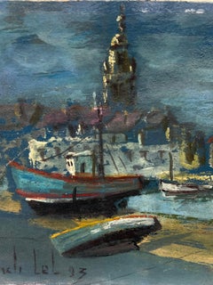 French Impressionist Dark Harbour Scene with Boats and Village Skyline Painting