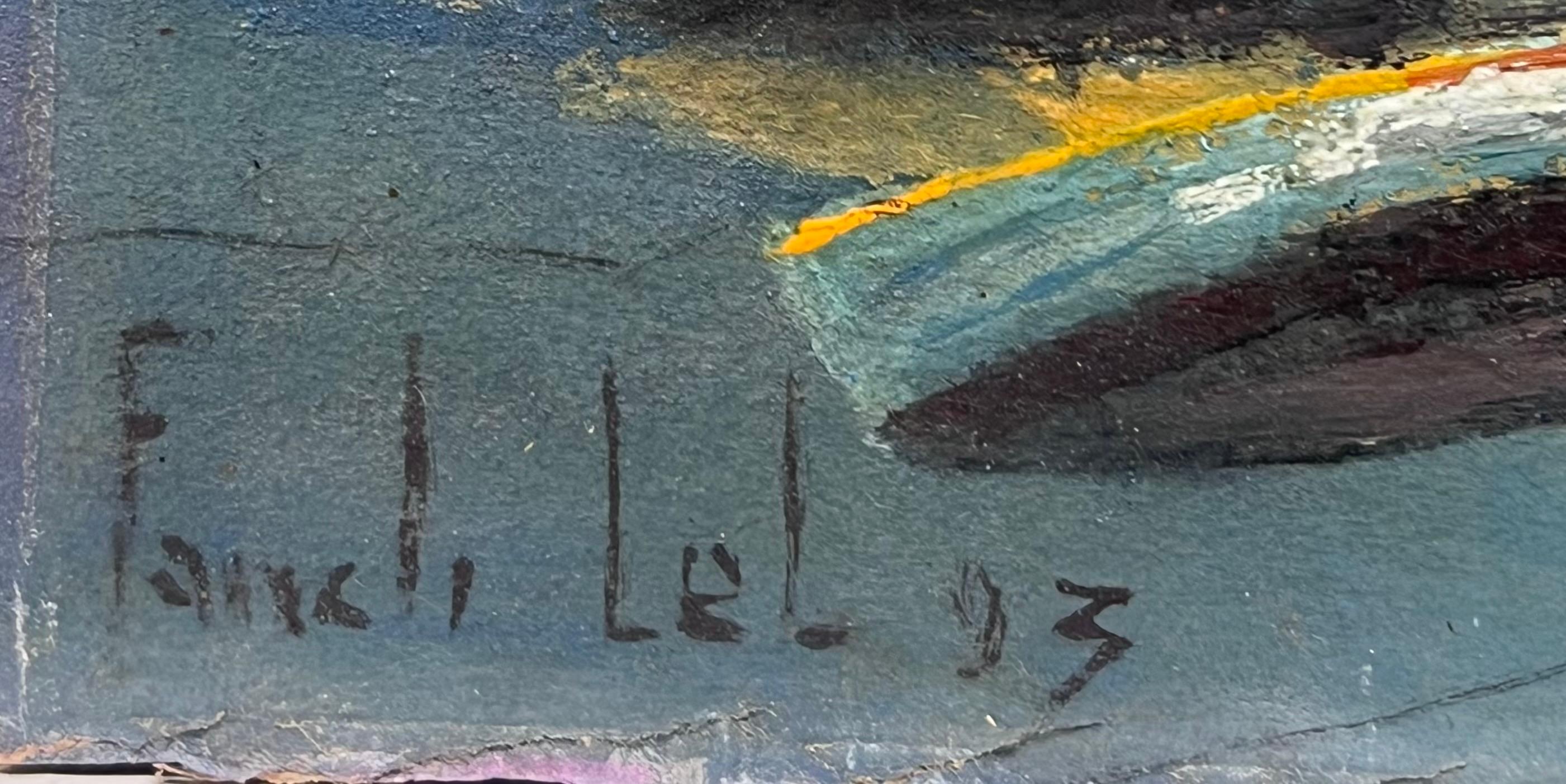 Französische impressionistische dunkle Hafens Gemälde mit Booten und Dorf skyline, Dunkel-Gemälde (Impressionismus), Painting, von Fanch Lel