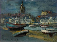 Quadro impressionista francese Scena di porto scuro con barche e skyline del villaggio