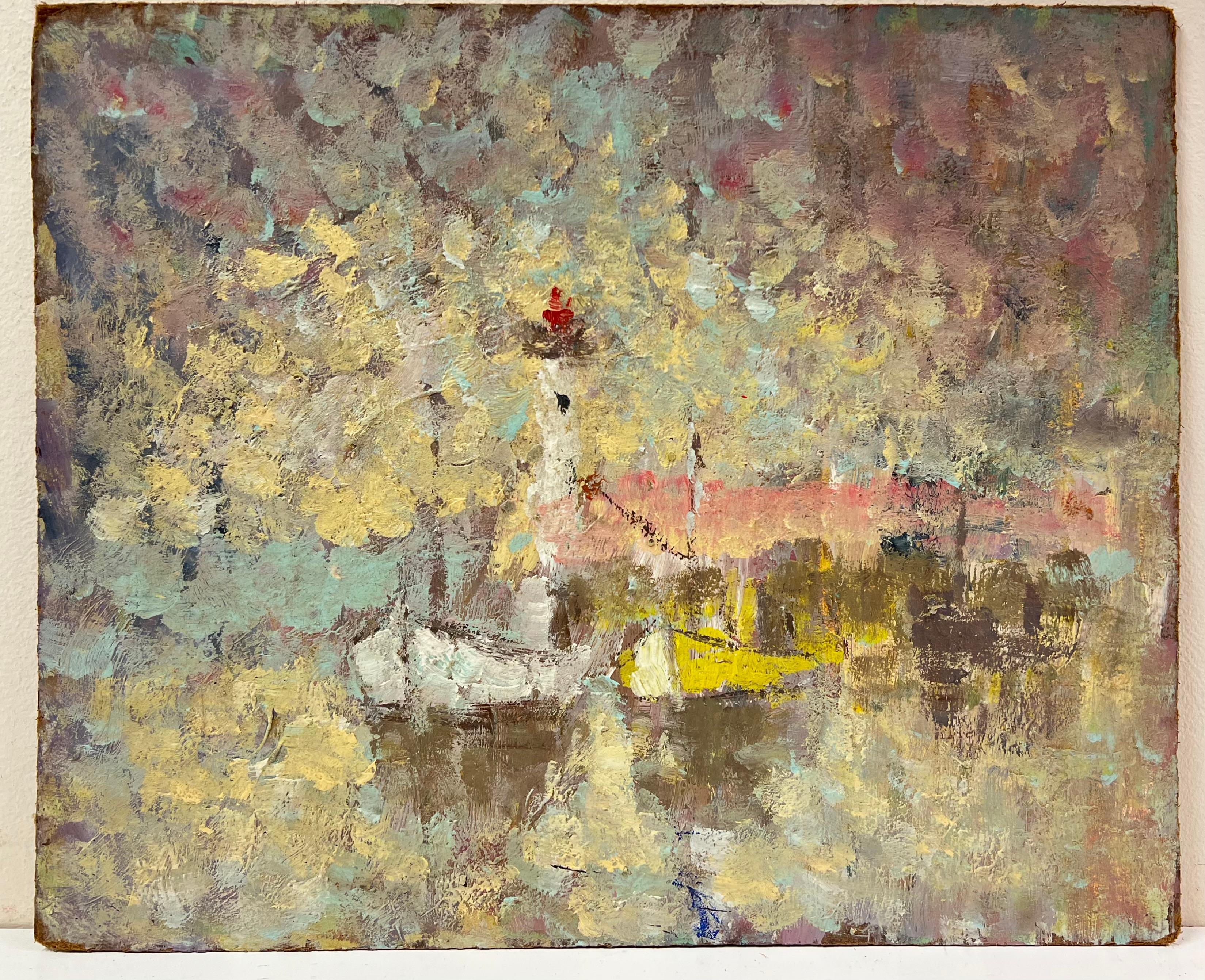 Pintura al Óleo Impresionista Francesa Resplandor de Faro y Barcos - Painting de Fanch Lel