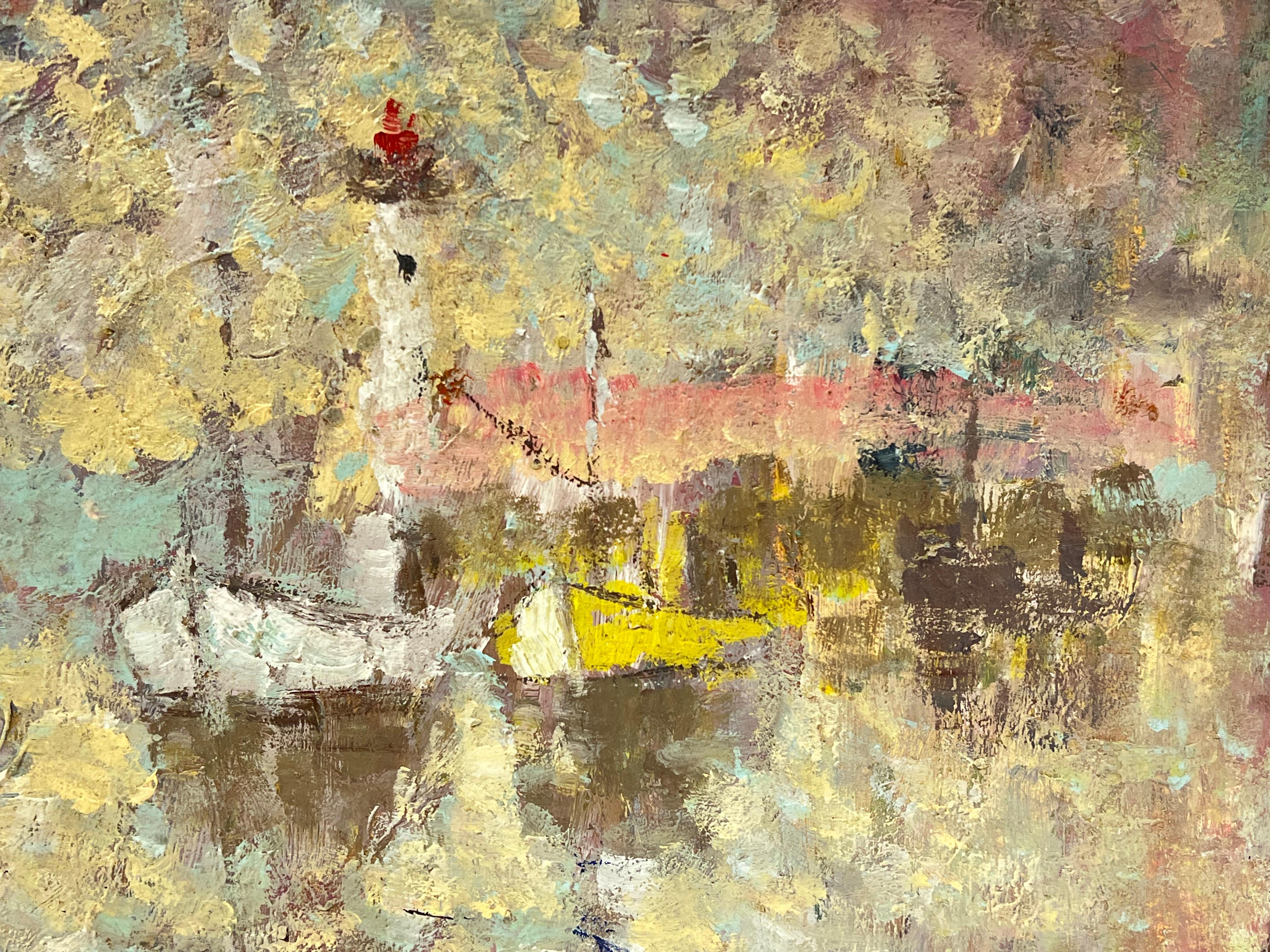 Pintura al Óleo Impresionista Francesa Resplandor de Faro y Barcos - Landscape Painting Marrón de Fanch Lel