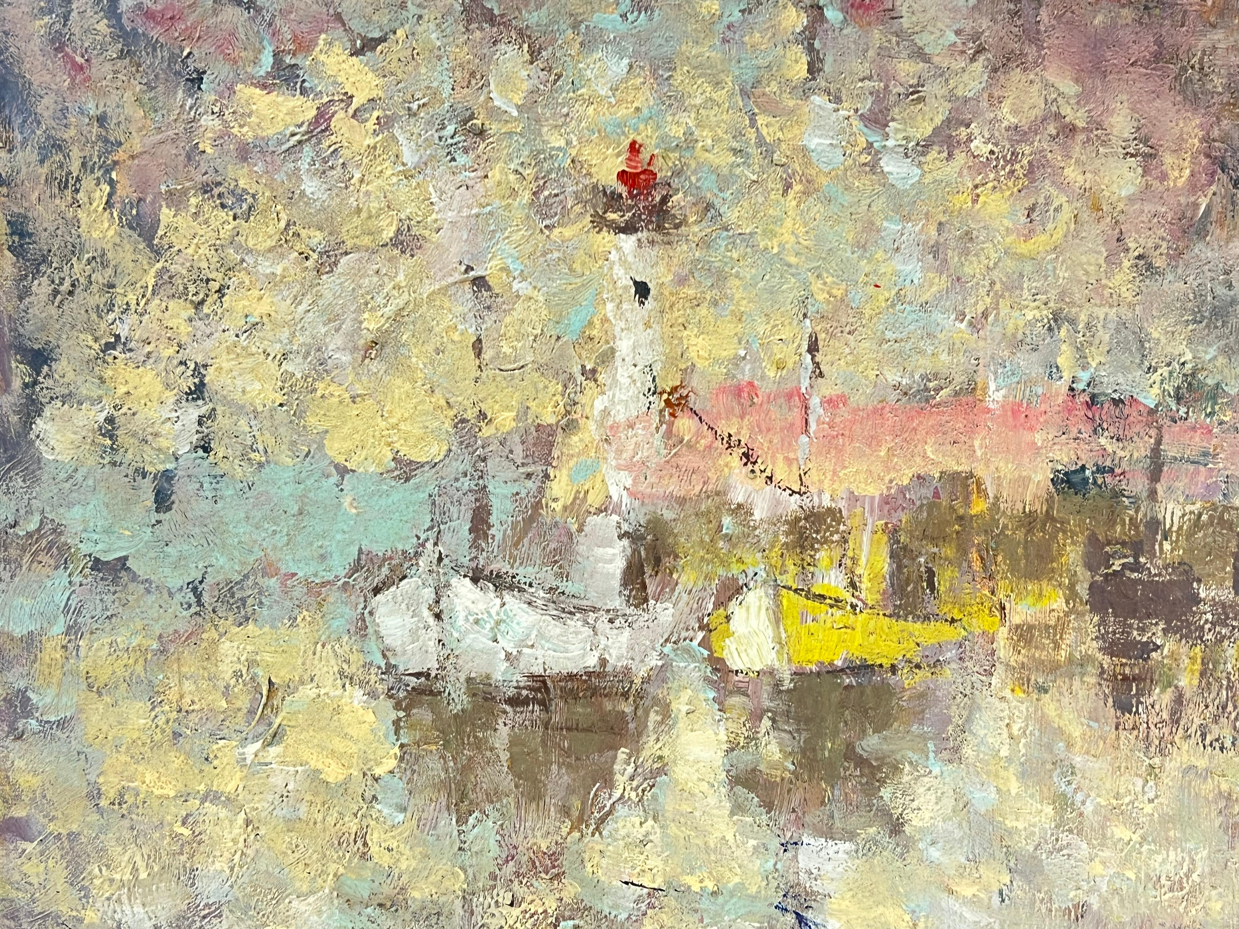 Pintura al Óleo Impresionista Francesa Resplandor de Faro y Barcos en venta 1