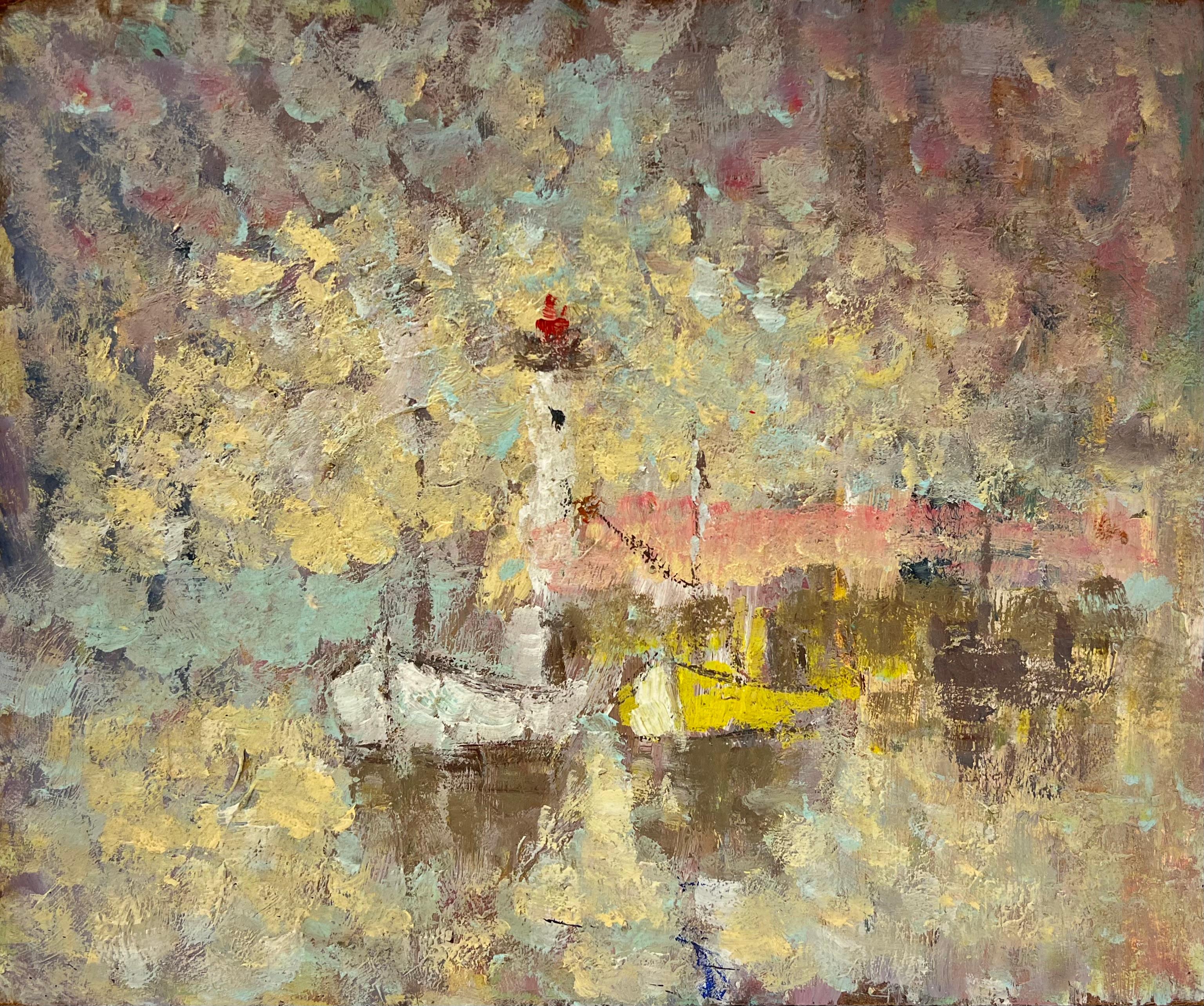 Landscape Painting de Fanch Lel - Pintura al Óleo Impresionista Francesa Resplandor de Faro y Barcos