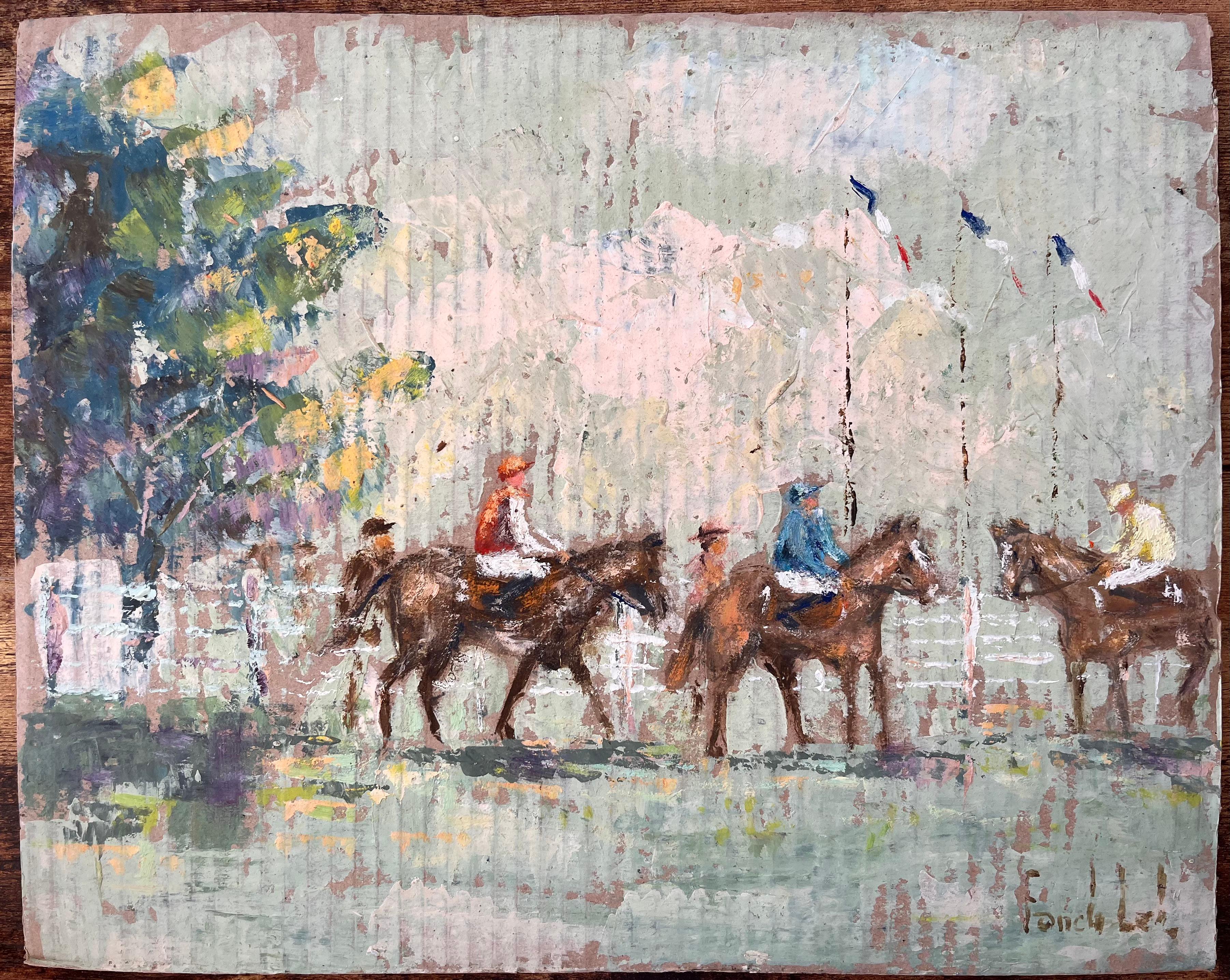 Französische impressionistische Reiterparade des Impressionismus mit Jockeys und französischen Flaggen – Painting von Fanch Lel