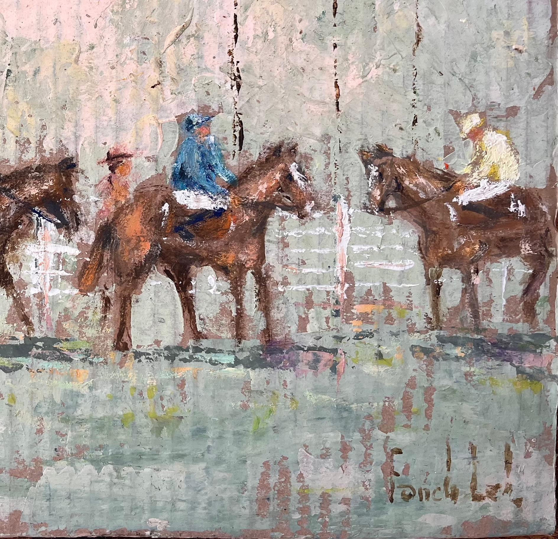 Französische impressionistische Reiterparade des Impressionismus mit Jockeys und französischen Flaggen (Grau), Landscape Painting, von Fanch Lel