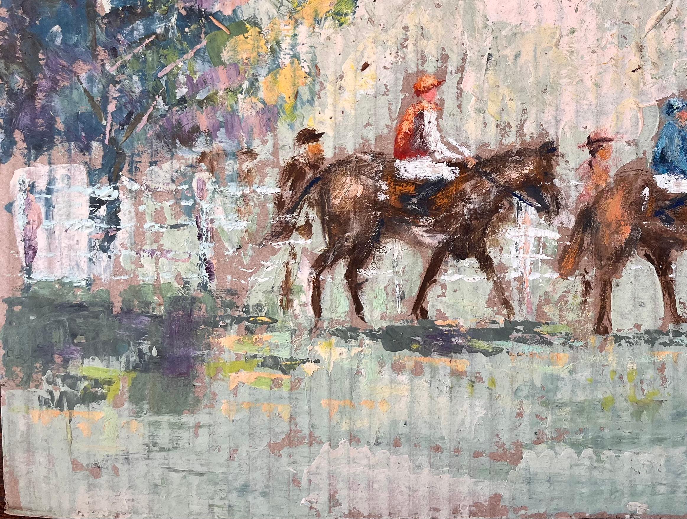 Titel: Französischer Impressionismus - Reiterparade mit Jockeys und französischen Flaggen 
Von Fanch Lel
Unterschrieben: Ja
Größe: 13 x 16,25 Zoll (Höhe x Breite)
Ölgemälde auf Karton, ungerahmt
Zustand: Insgesamt guter Zustand mit leichten