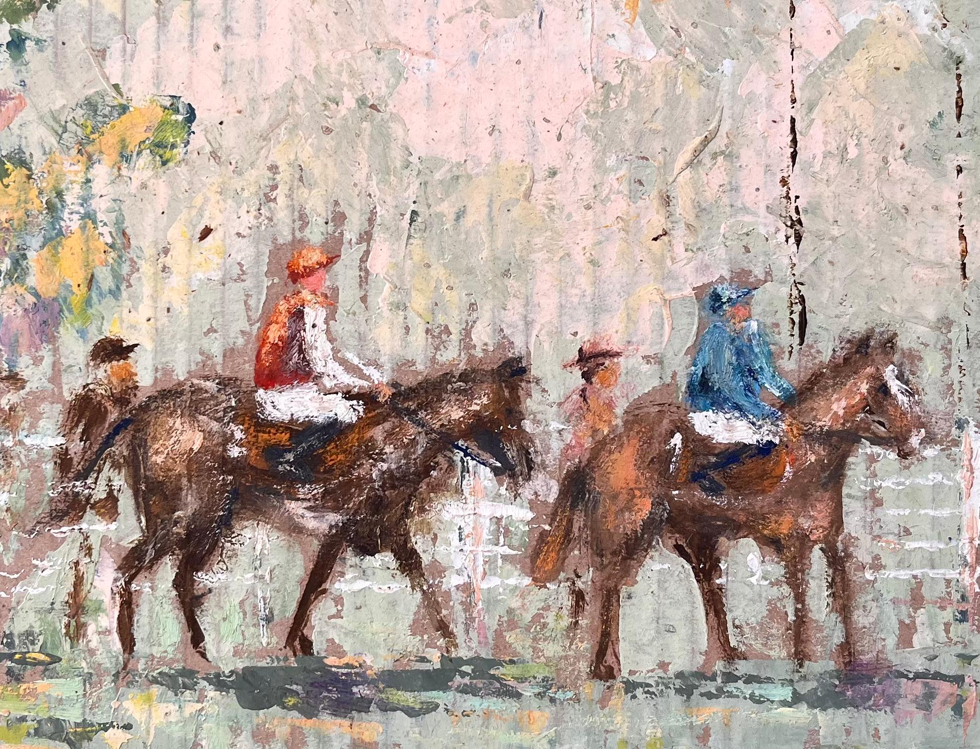 Französische impressionistische Reiterparade des Impressionismus mit Jockeys und französischen Flaggen im Angebot 3