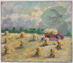 French Impressionist Farmer at Work in The Golden Hay Bail Harvest Field
