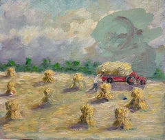 French Impressionist Farmer at Work in The Golden Hay Bail Harvest Field