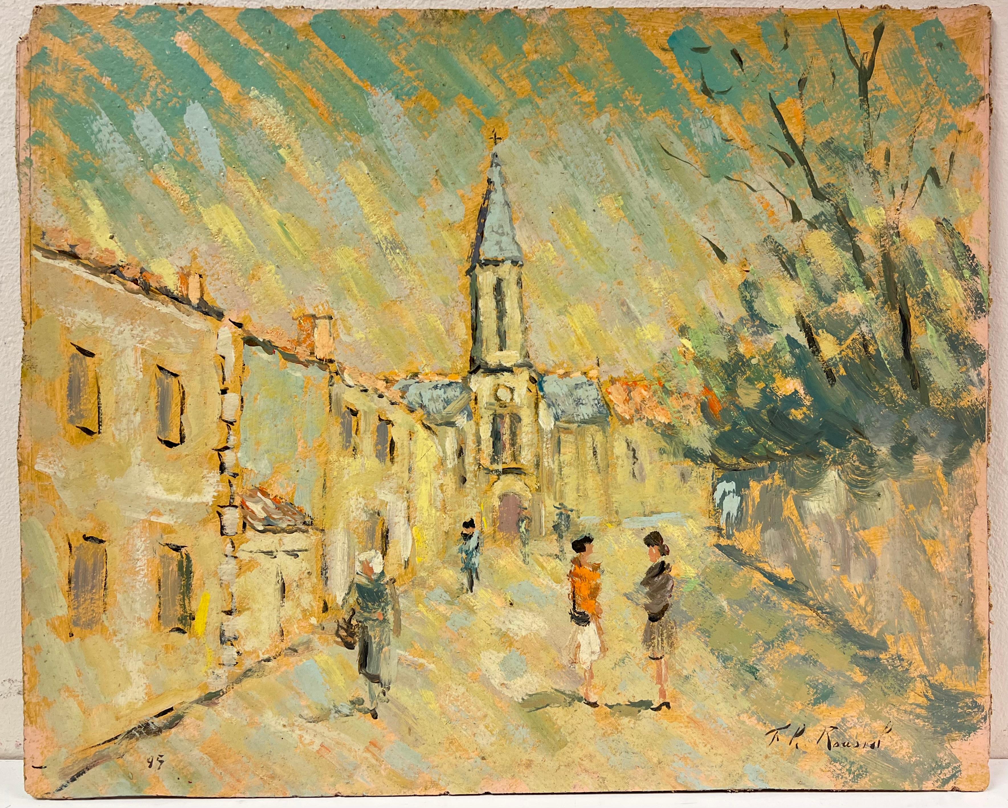 French Impressionist Figures Gossiping in Sunlit Village Street Oil Painting - Brown Figurative Painting by Fanch Lel