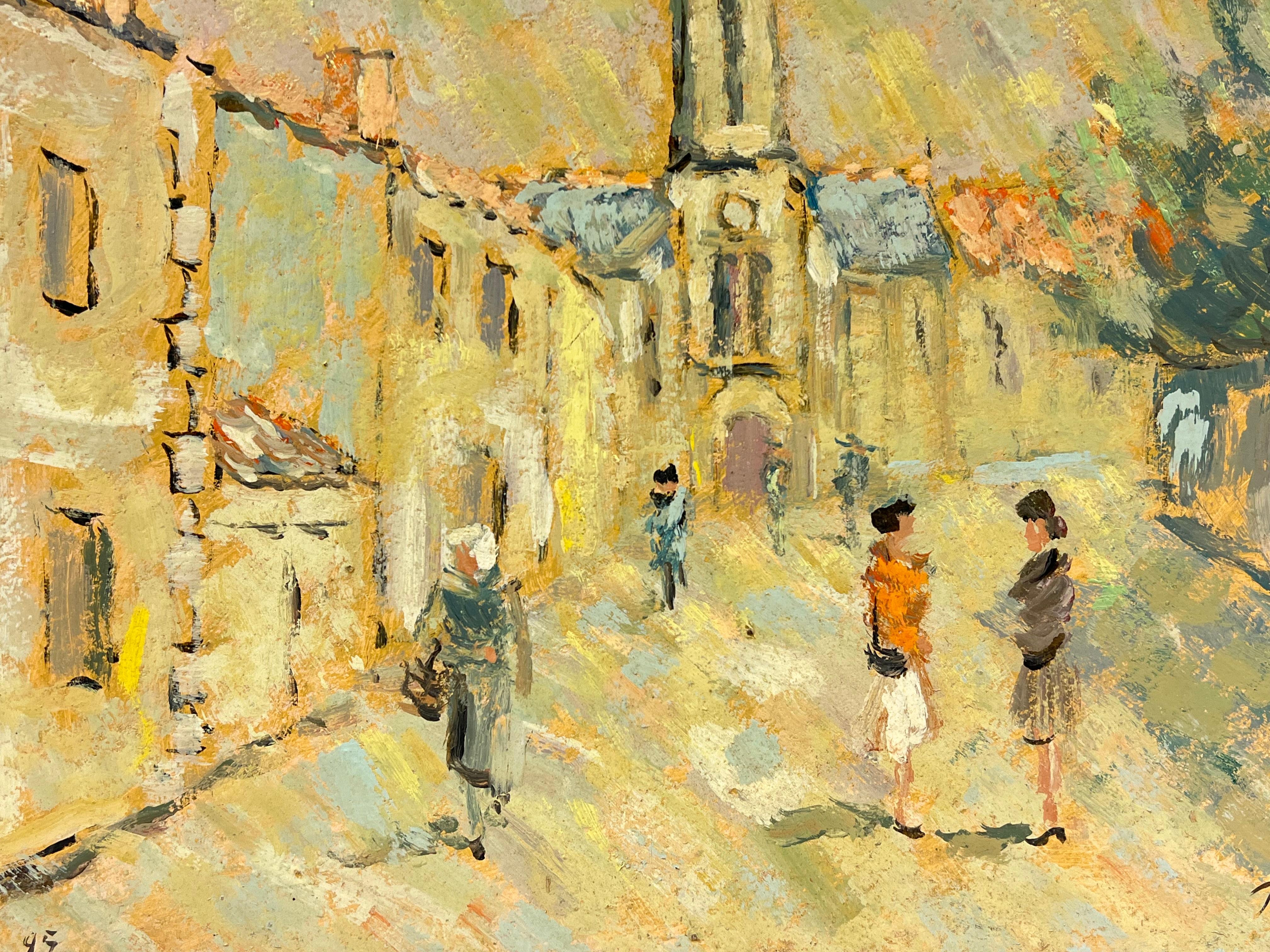 French Impressionist Figures Gossiping in Sunlit Village Street Oil Painting For Sale 1