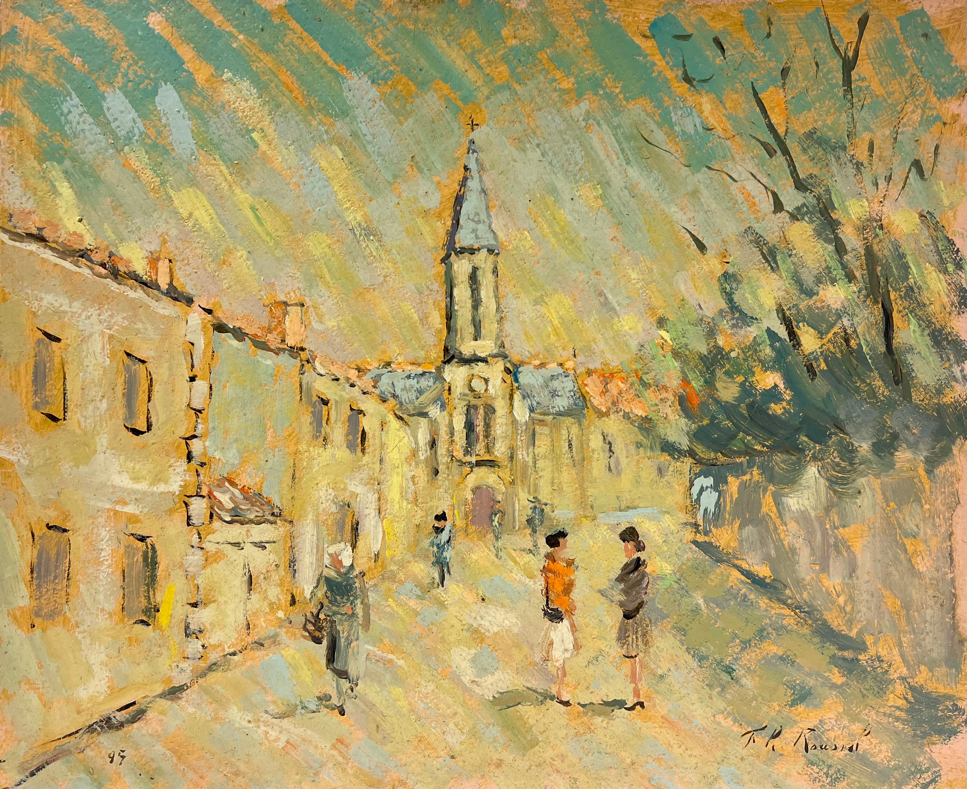 Fanch Lel Figurative Painting - French Impressionist Figures Gossiping in Sunlit Village Street Oil Painting