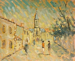 Französische impressionistische Figuren, Gossiping in Sunlit Village Street, Ölgemälde