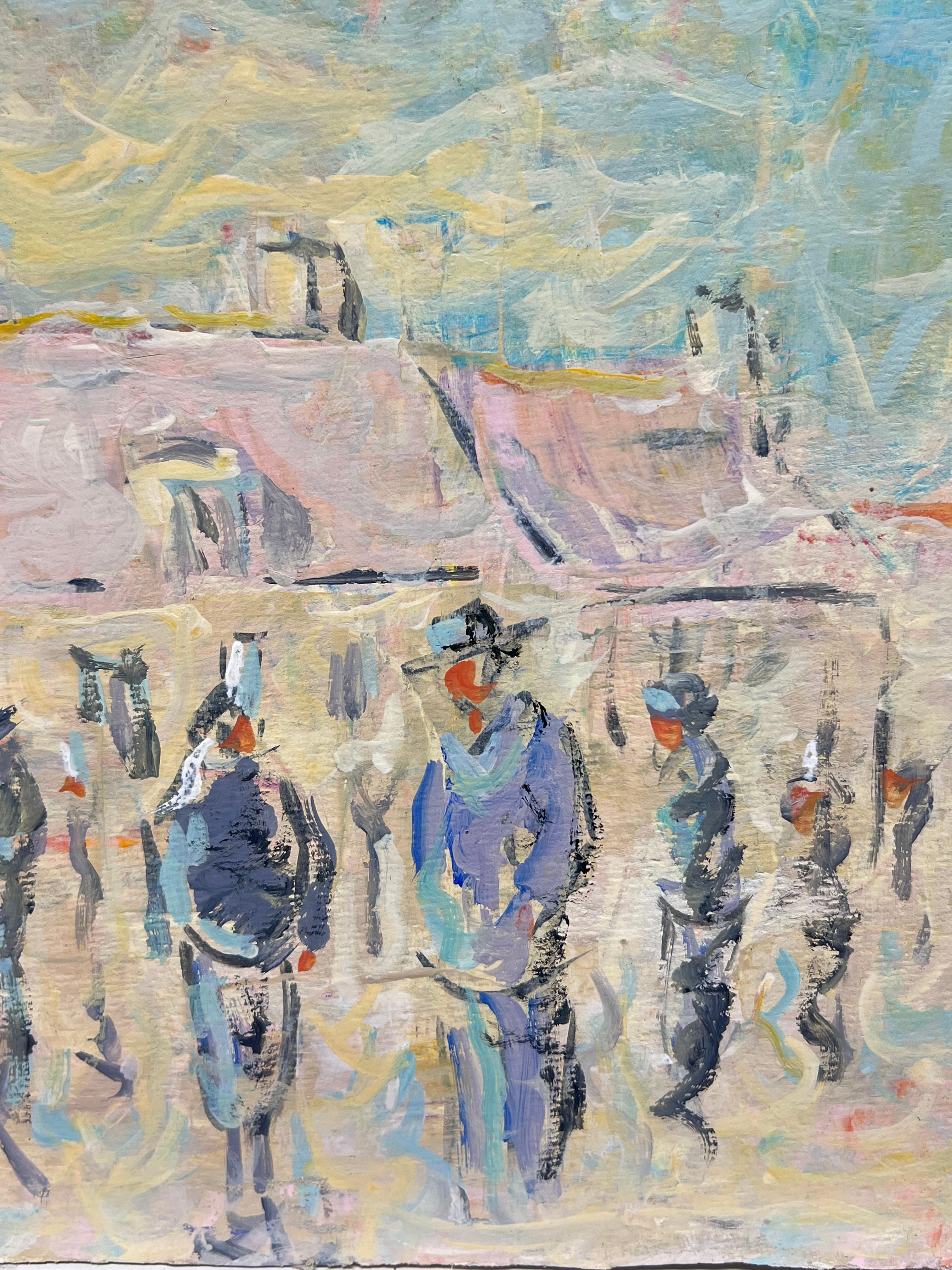 Figure dell'Impressionismo francese in un paesaggio di villaggio dai tetti rosa e affollato - Figurative Painting Grigio di Fanch Lel