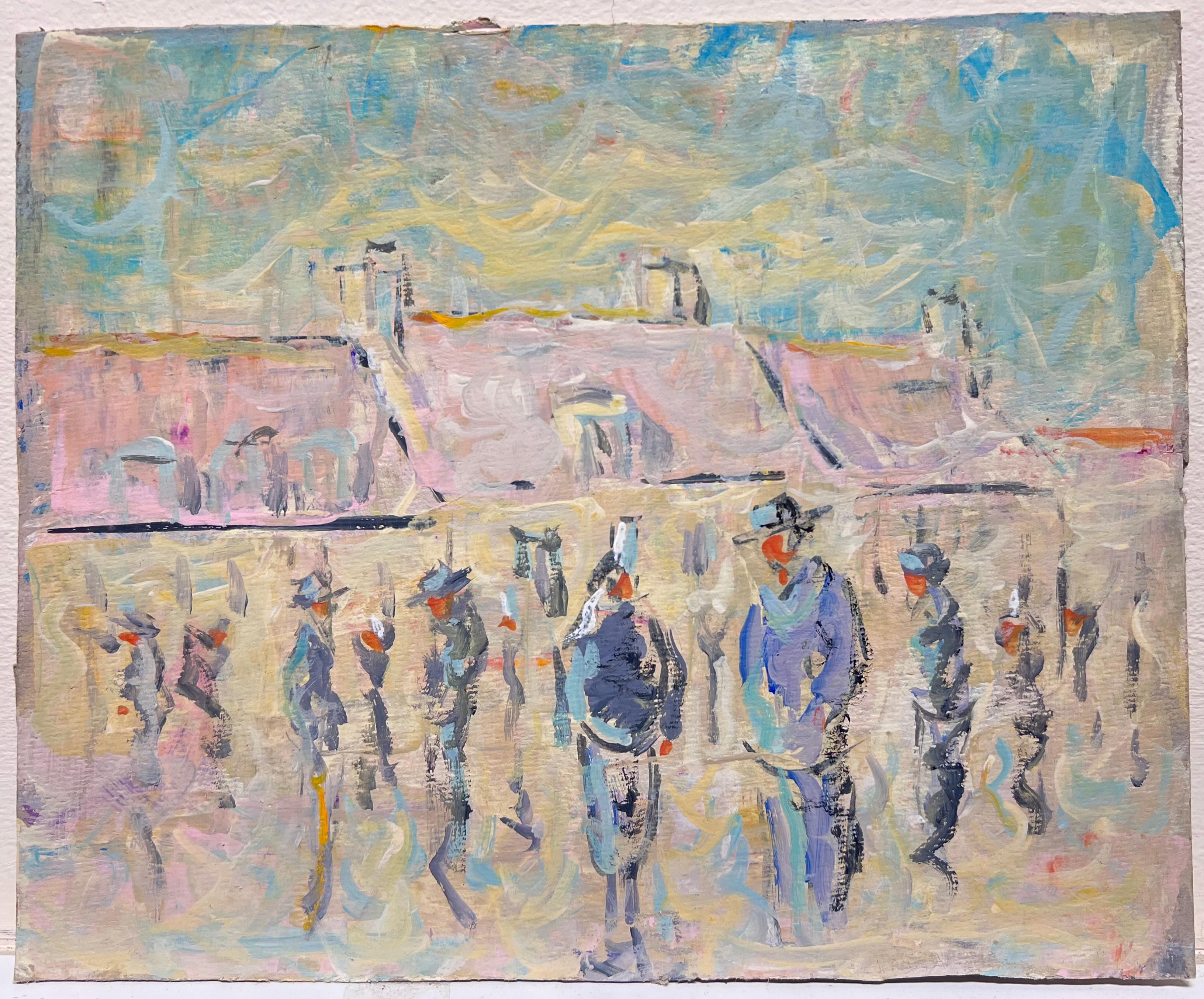 Figure dell'Impressionismo francese in un paesaggio di villaggio dai tetti rosa e affollato in vendita 1