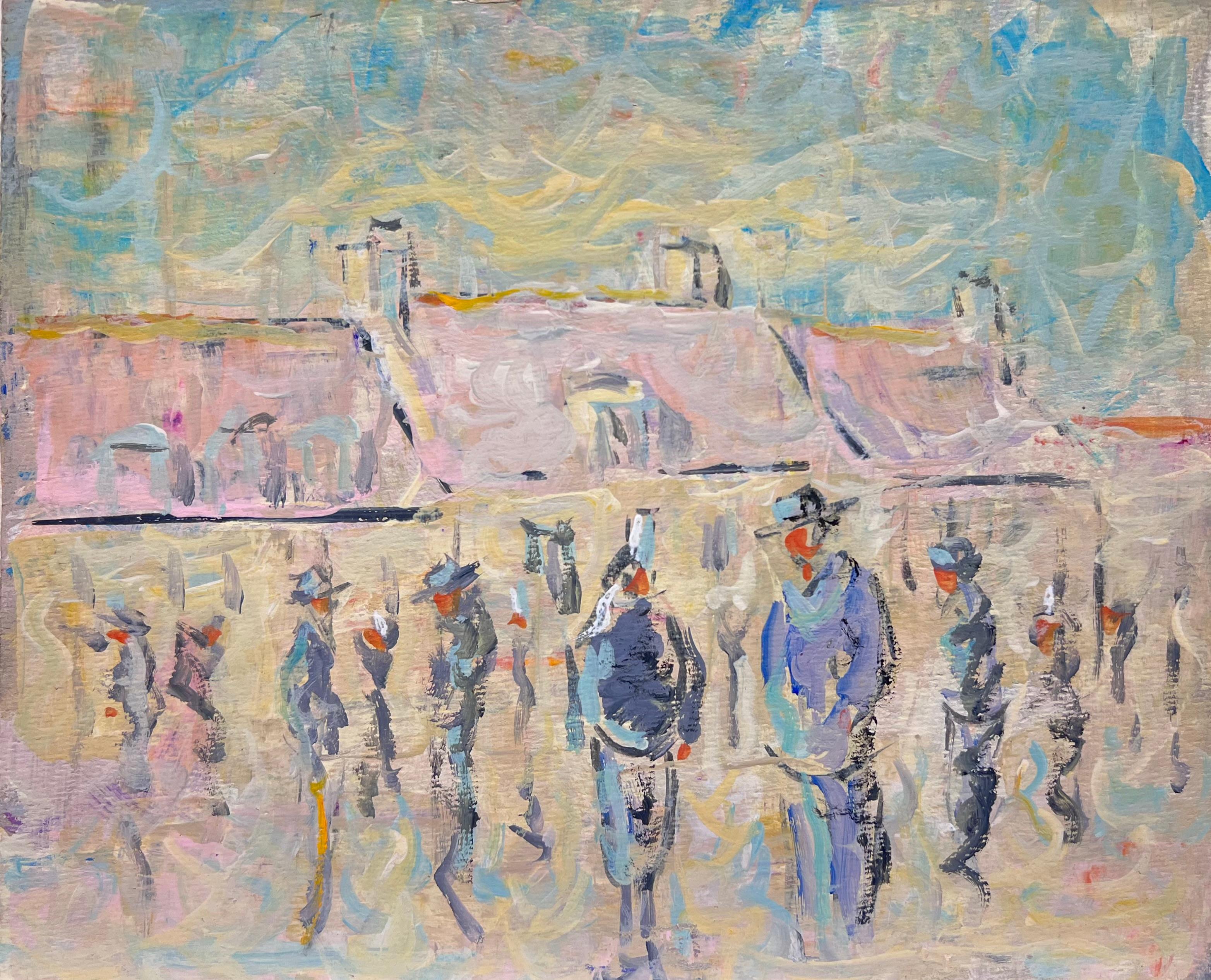 Figurative Painting di Fanch Lel - Figure dell'Impressionismo francese in un paesaggio di villaggio dai tetti rosa e affollato