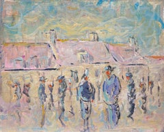 Französische impressionistische Figuren in einer Busy Pink Roof Village-Landschaft, Impressionismus