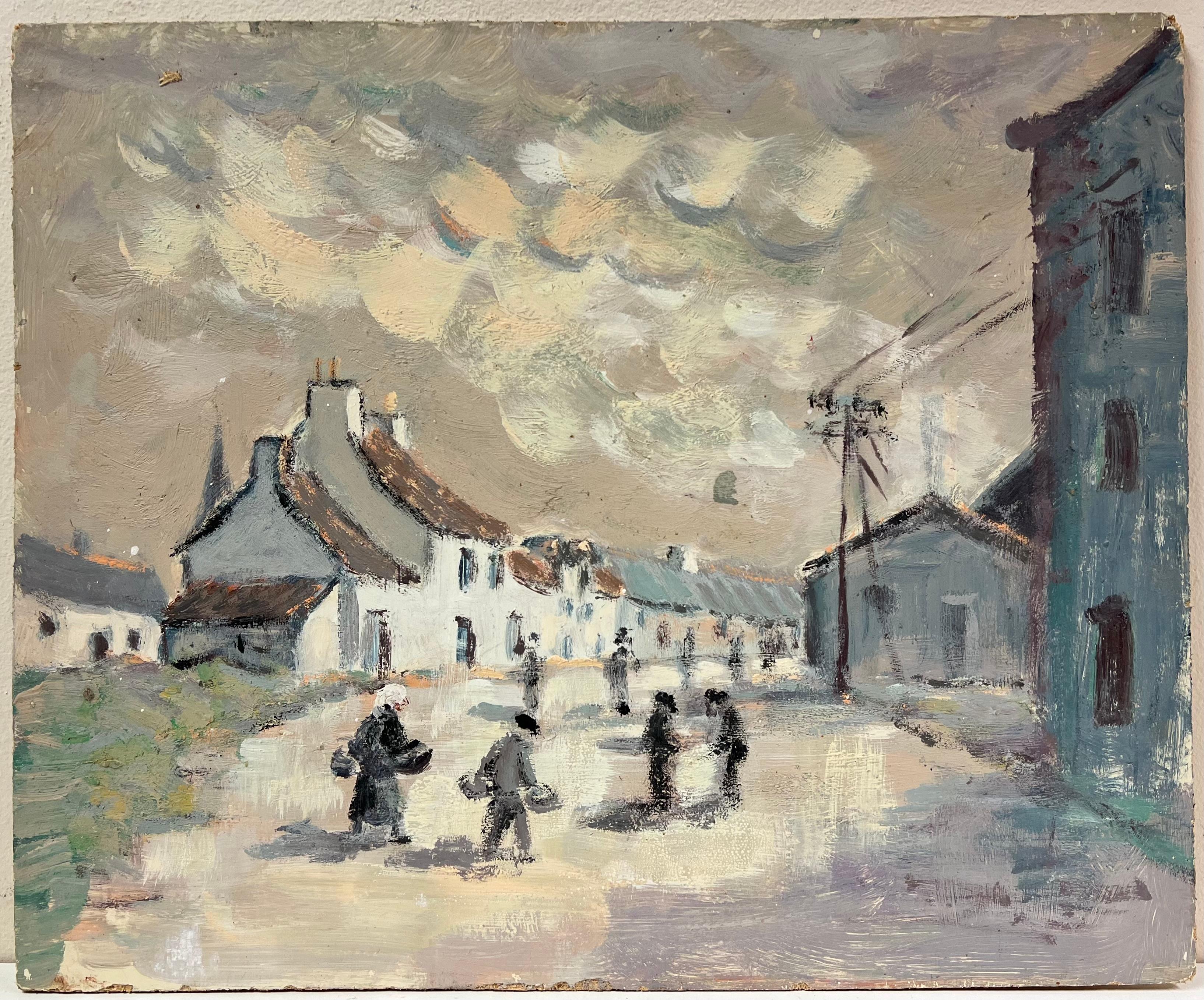 Impressionista francese Figure che passeggiano in un villaggio sotto un cielo lunatico Pittura ad olio - Painting di Fanch Lel