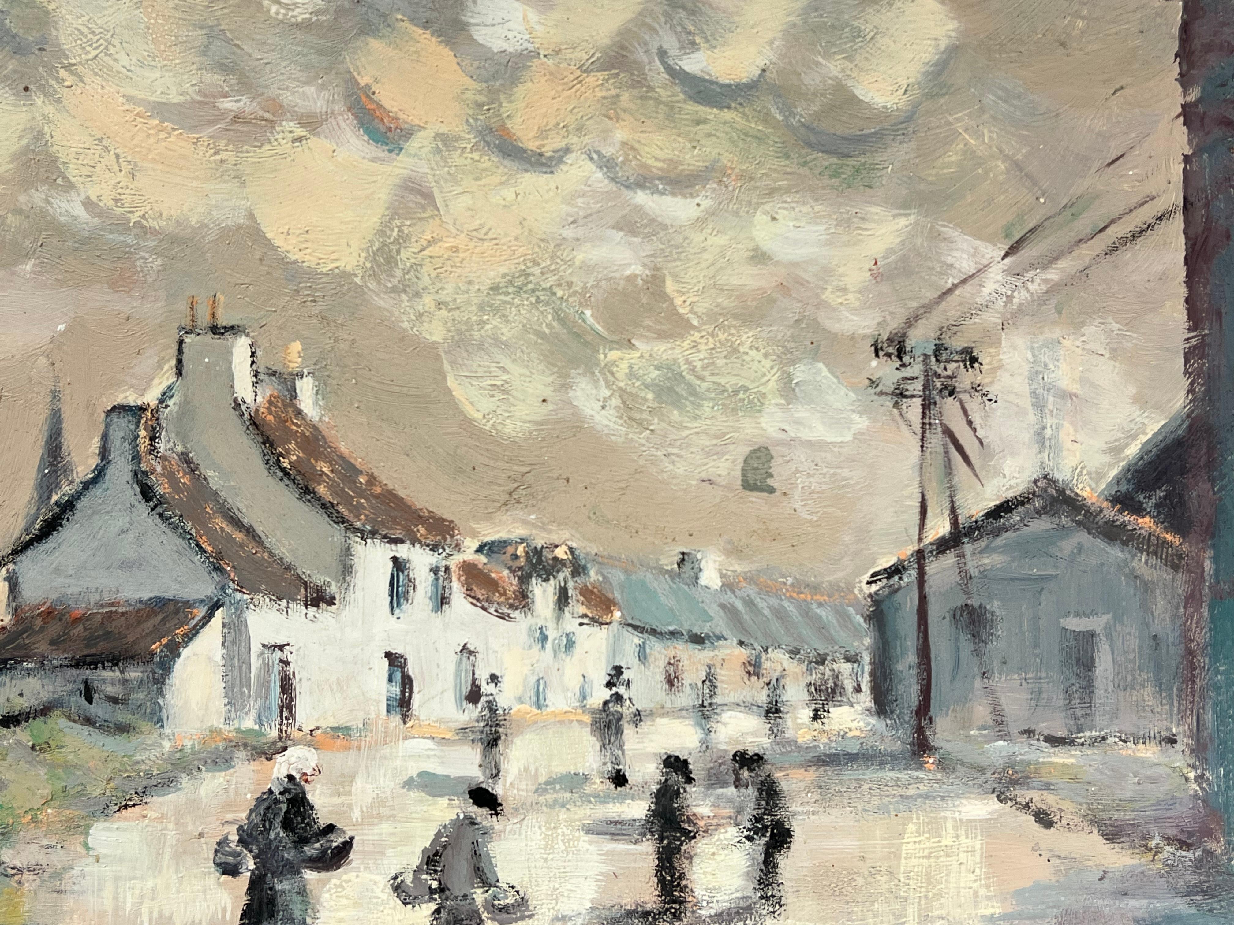 Impressionista francese Figure che passeggiano in un villaggio sotto un cielo lunatico Pittura ad olio - Painting Impressionismo di Fanch Lel