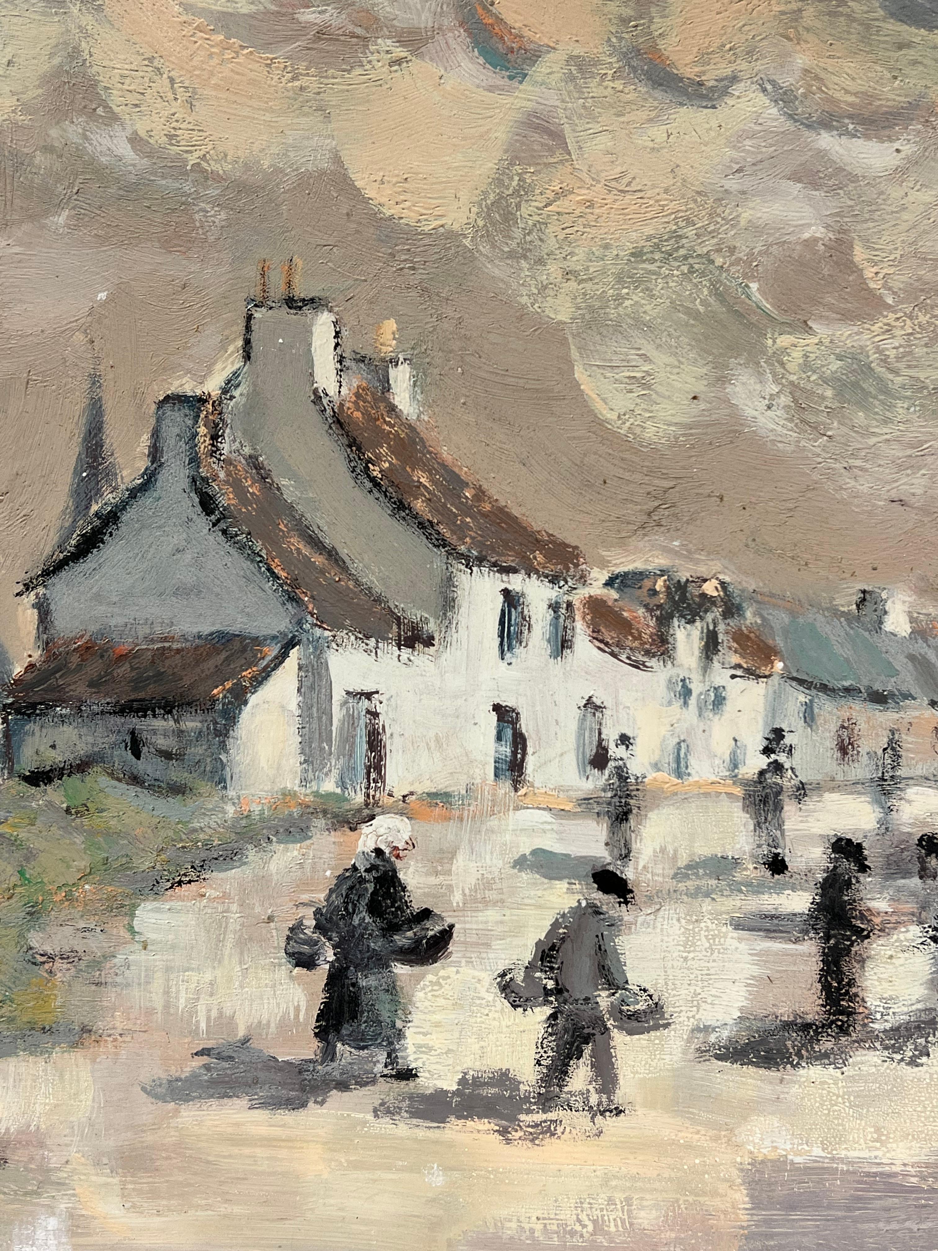 Impressionista francese Figure che passeggiano in un villaggio sotto un cielo lunatico Pittura ad olio - Landscape Painting Grigio di Fanch Lel