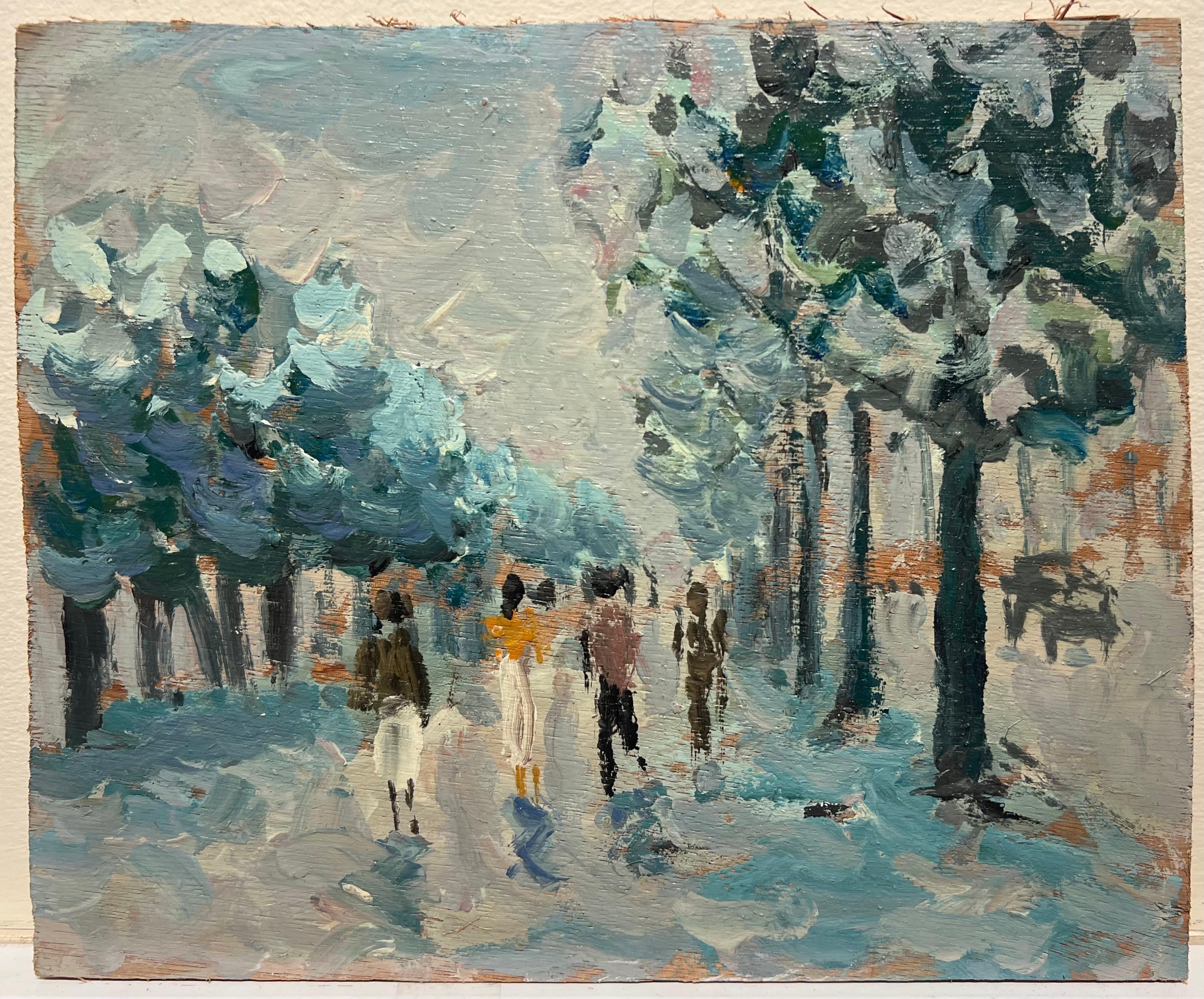 Figure dell'Impressionismo francese che passeggiano sotto gli alberi del Boulevard Blu - Painting di Fanch Lel