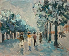 Figure dell'Impressionismo francese che passeggiano sotto gli alberi del Boulevard Blu