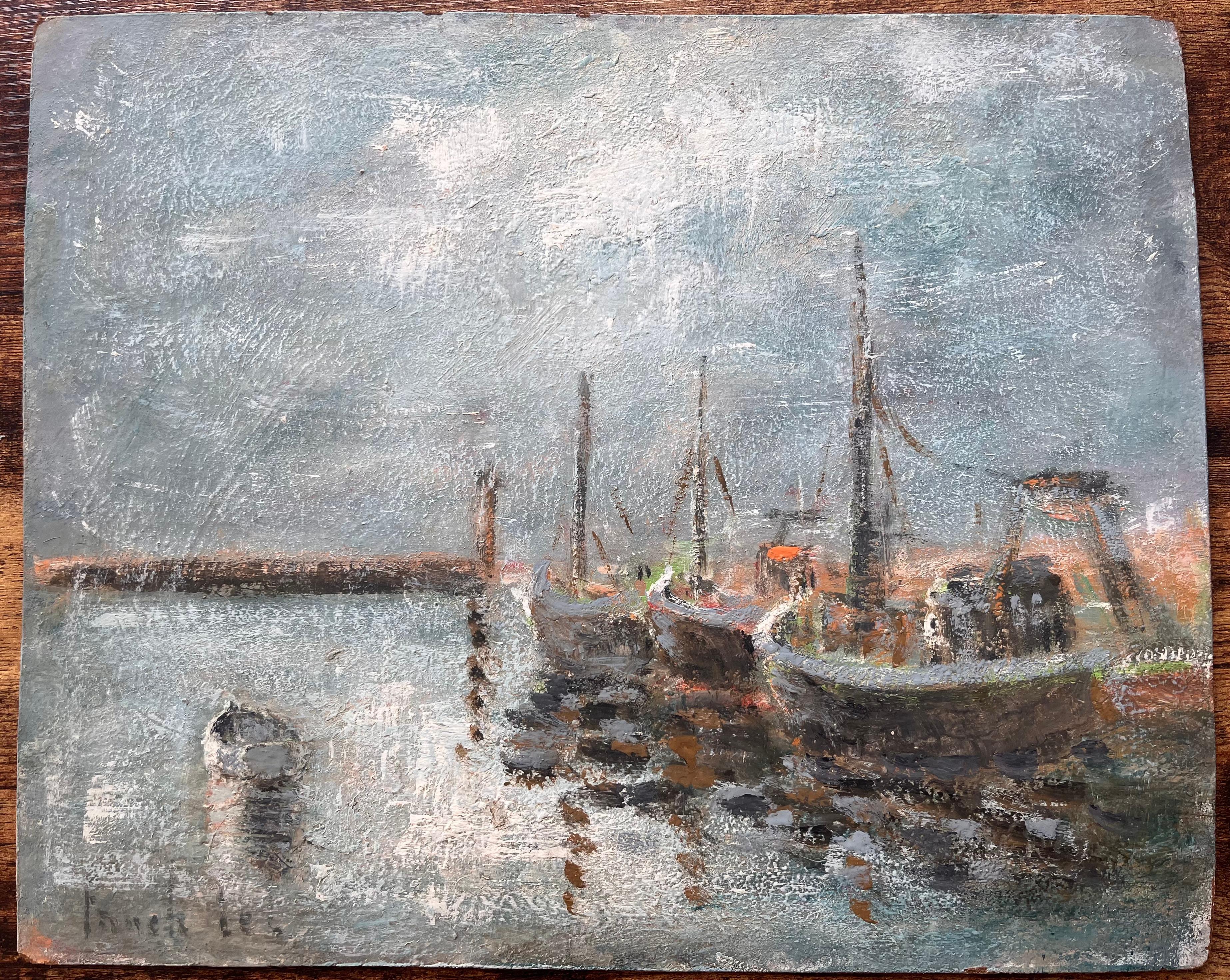 Französische impressionistische Fischerboote im Stil des Impressionismus in Misty Harbour Bateaux au Repos – Painting von Fanch Lel
