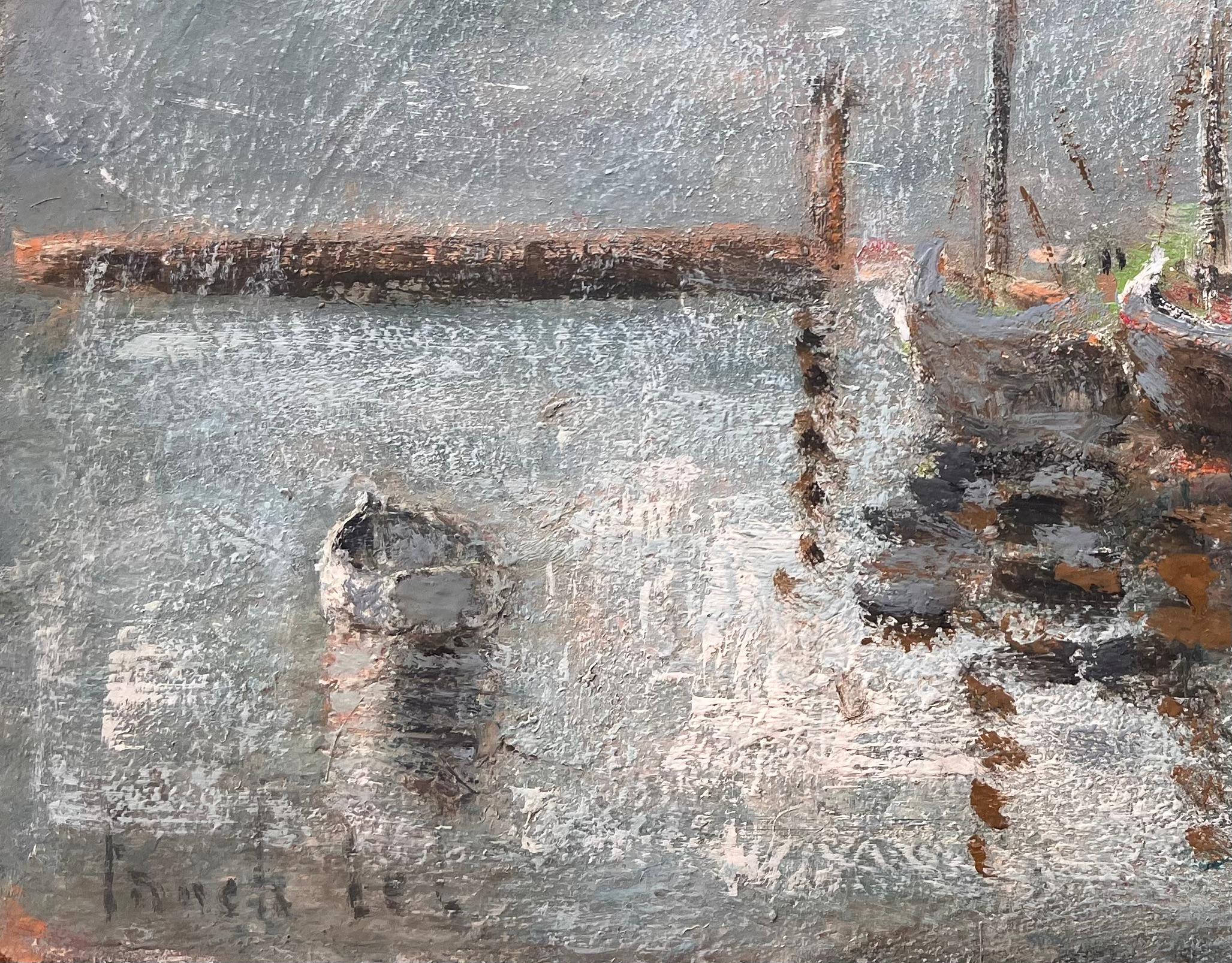 Titel: Französische Impressionisten Fischerboote in einem nebligen Hafen Bateaux au Repos
Von Fanch Lel
Unterschrieben: Ja
Größe: 13 x 16 Zoll (Höhe x Breite)
Ölgemälde auf Karton, ungerahmt
Zustand: Das Gemälde ist in gutem Zustand mit leichten