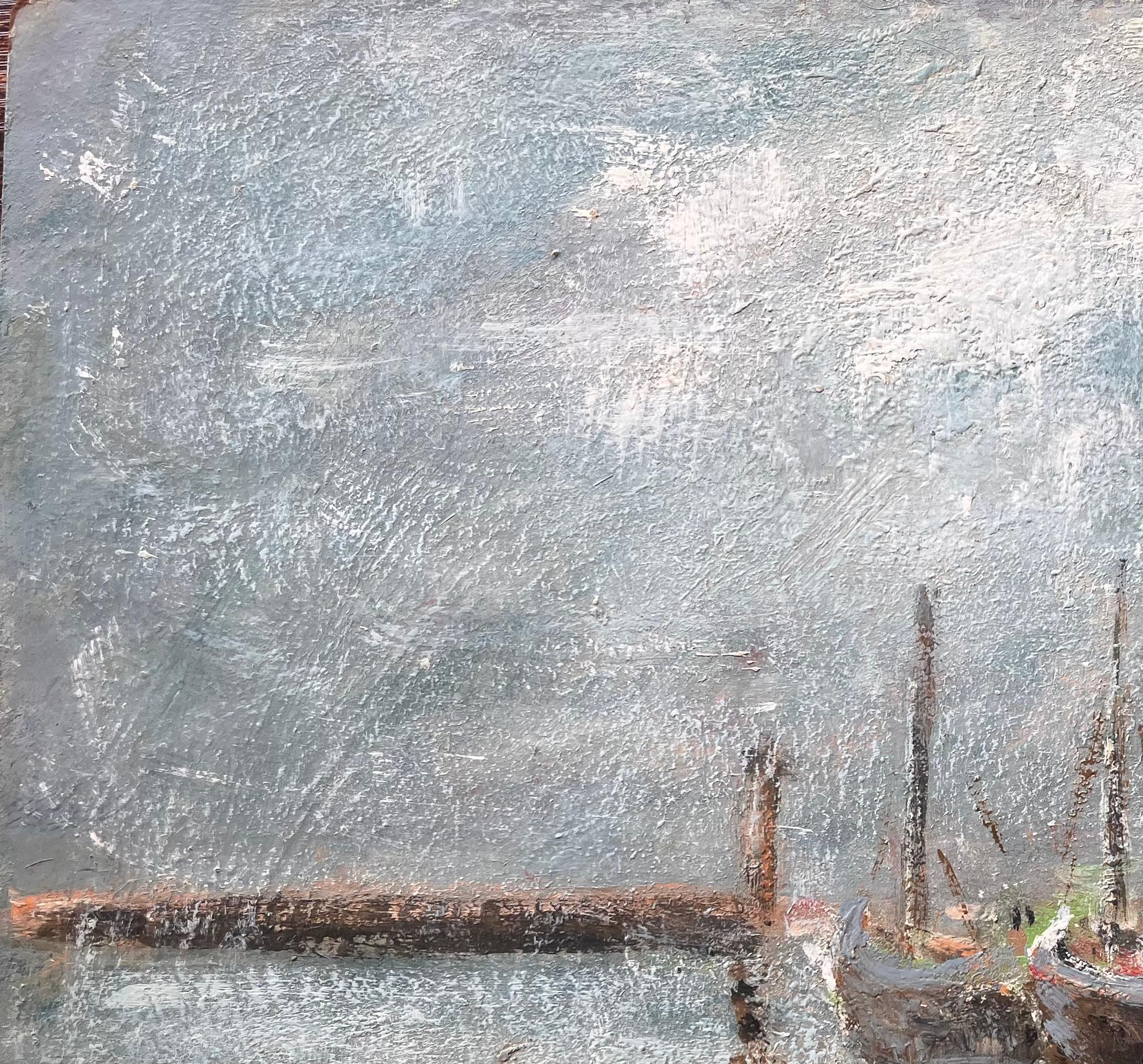 Französische impressionistische Fischerboote im Stil des Impressionismus in Misty Harbour Bateaux au Repos im Angebot 1