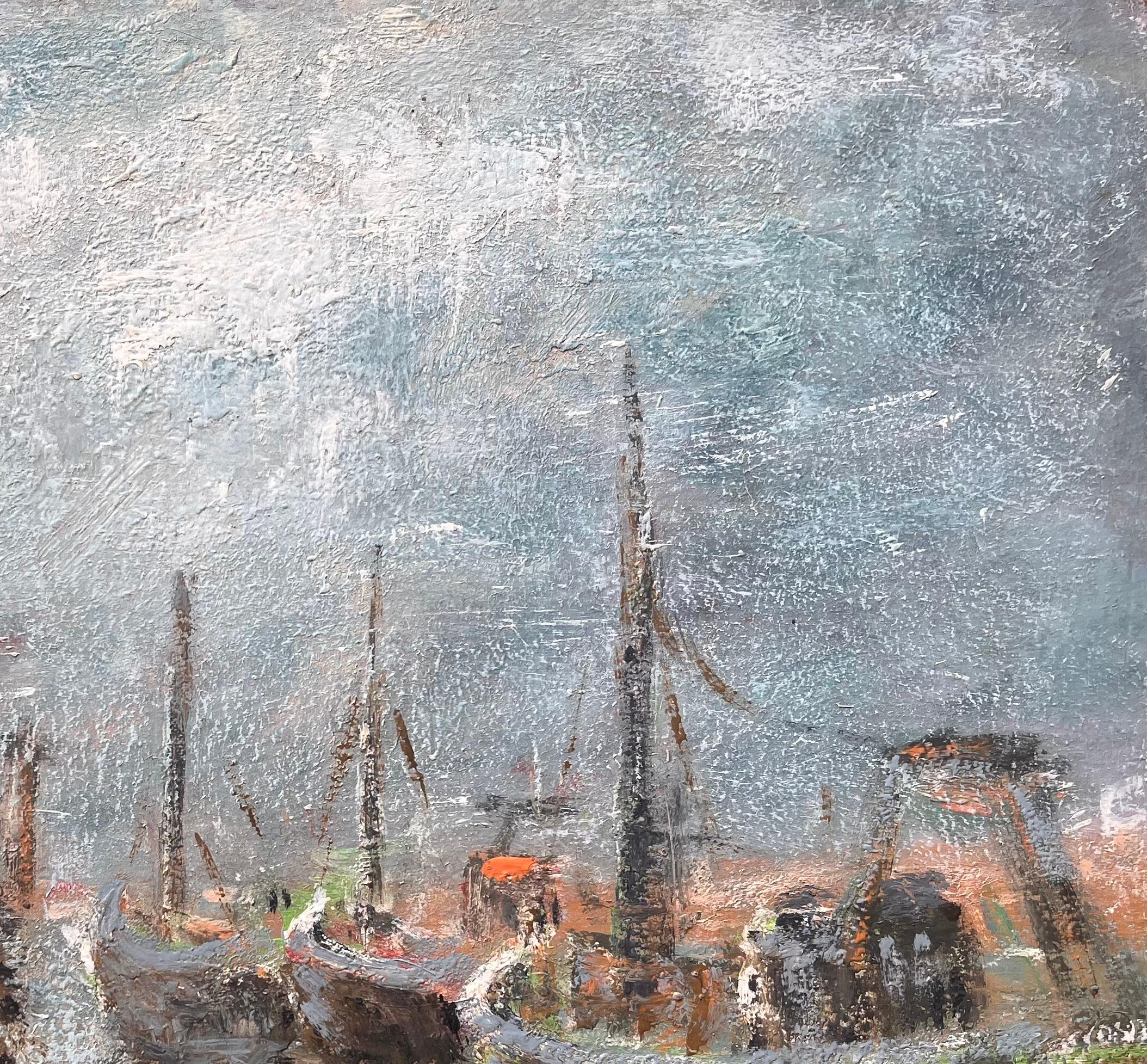 Französische impressionistische Fischerboote im Stil des Impressionismus in Misty Harbour Bateaux au Repos im Angebot 2