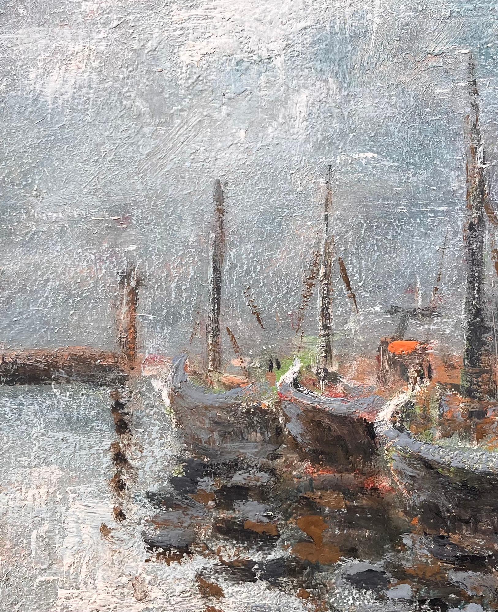 Französische impressionistische Fischerboote im Stil des Impressionismus in Misty Harbour Bateaux au Repos im Angebot 3
