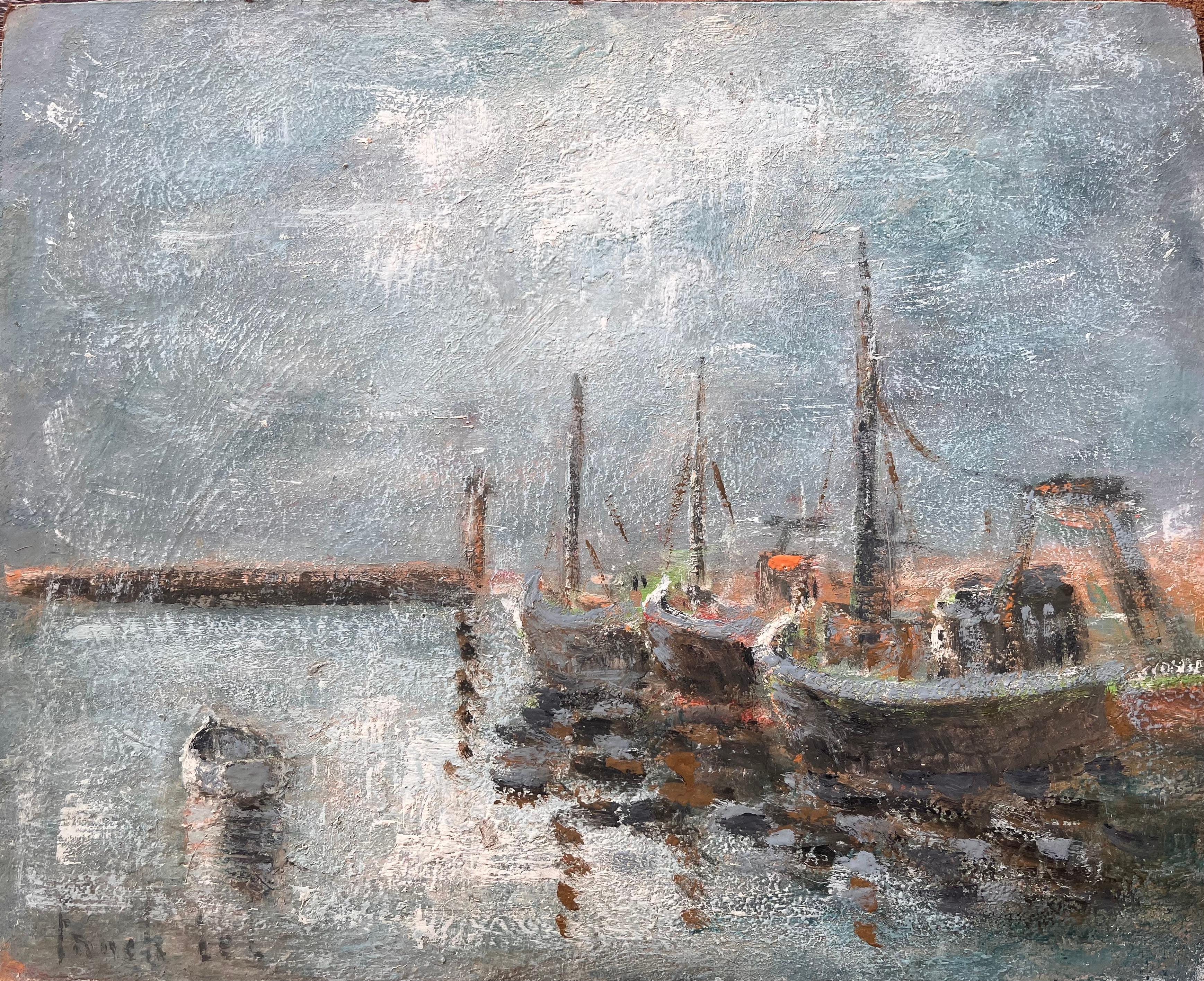 Fanch Lel Landscape Painting – Französische impressionistische Fischerboote im Stil des Impressionismus in Misty Harbour Bateaux au Repos