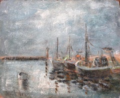 Used French Impressionist Fishing Boats at Rest in Misty Harbour Bateaux au Repos