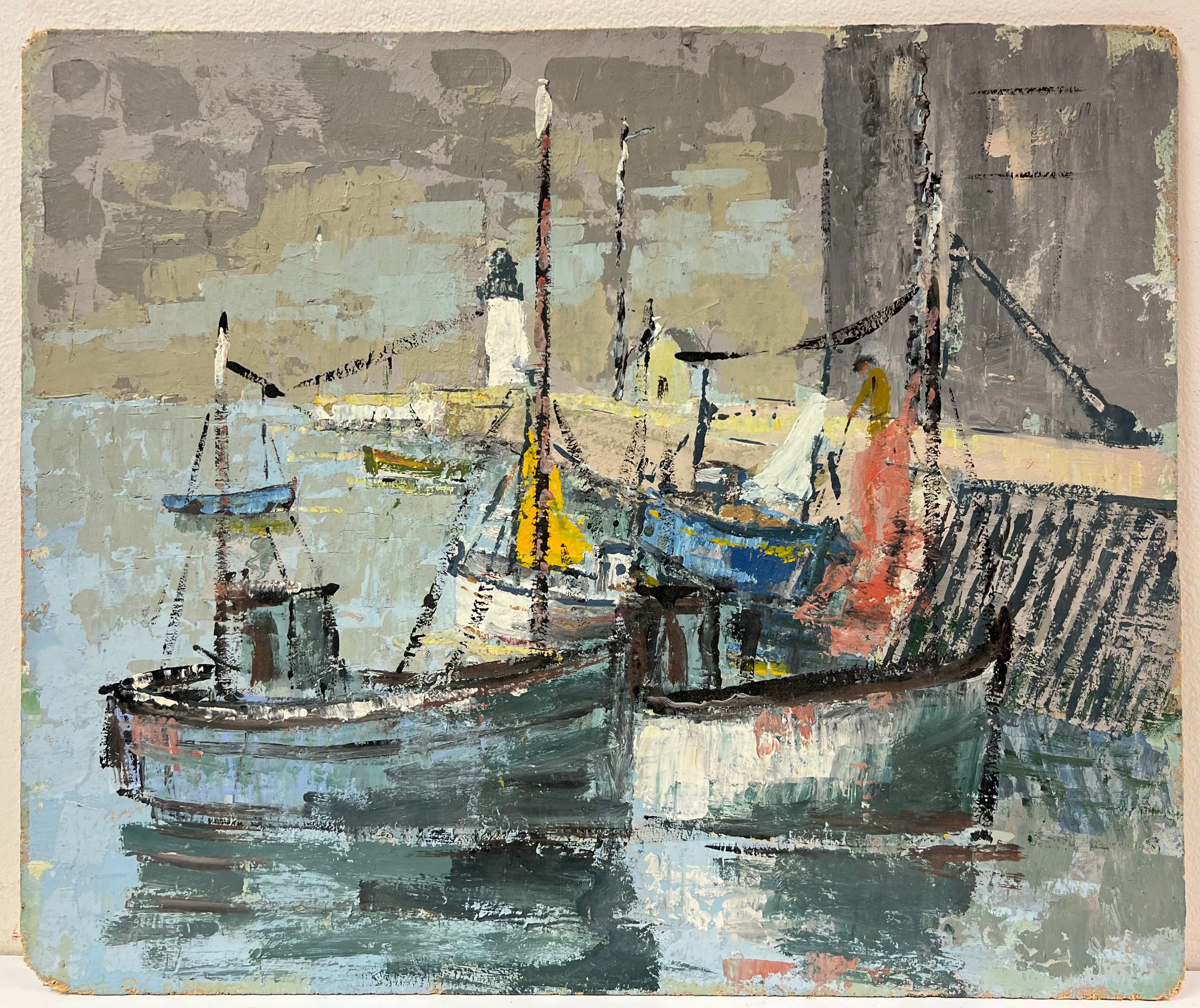 Impressionista francese Barche da pesca al porto con faro Pittura a olio - Painting di Fanch Lel