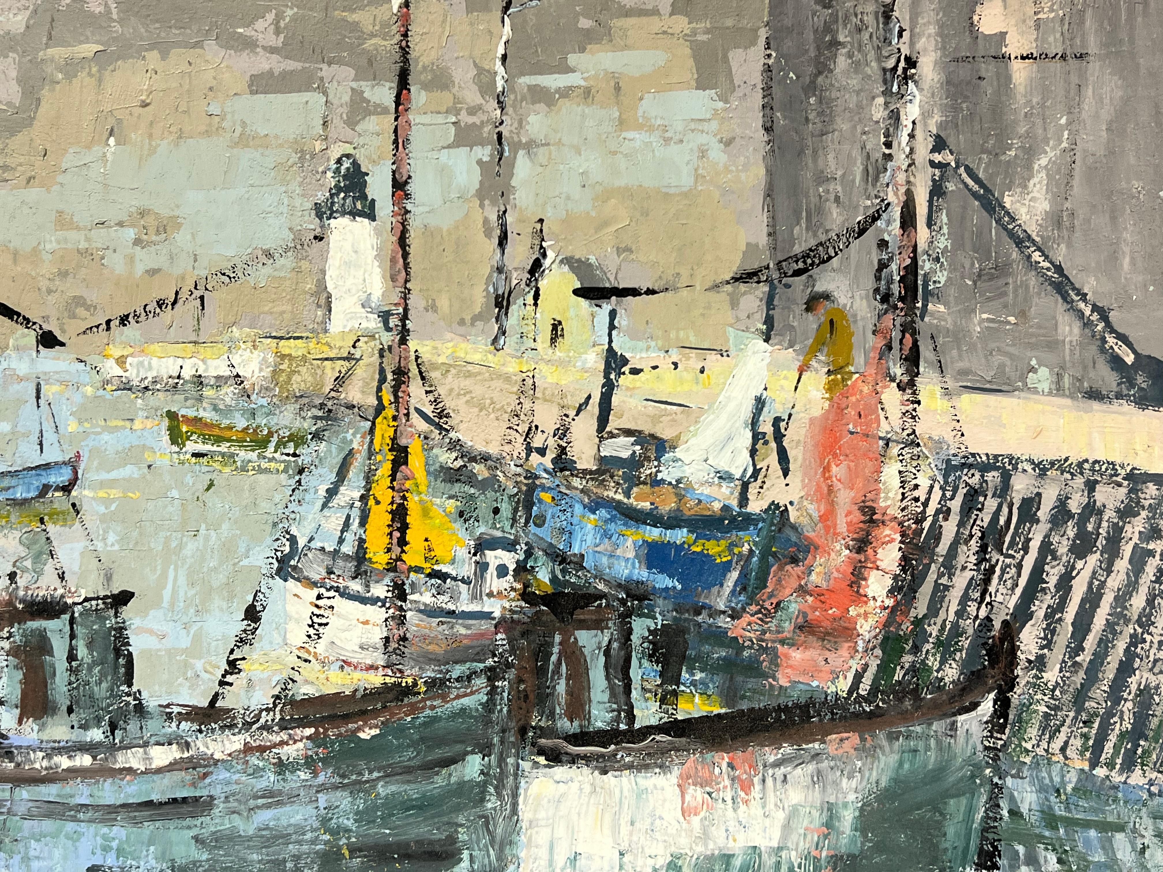 Impressionista francese Barche da pesca al porto con faro Pittura a olio - Painting Impressionismo di Fanch Lel