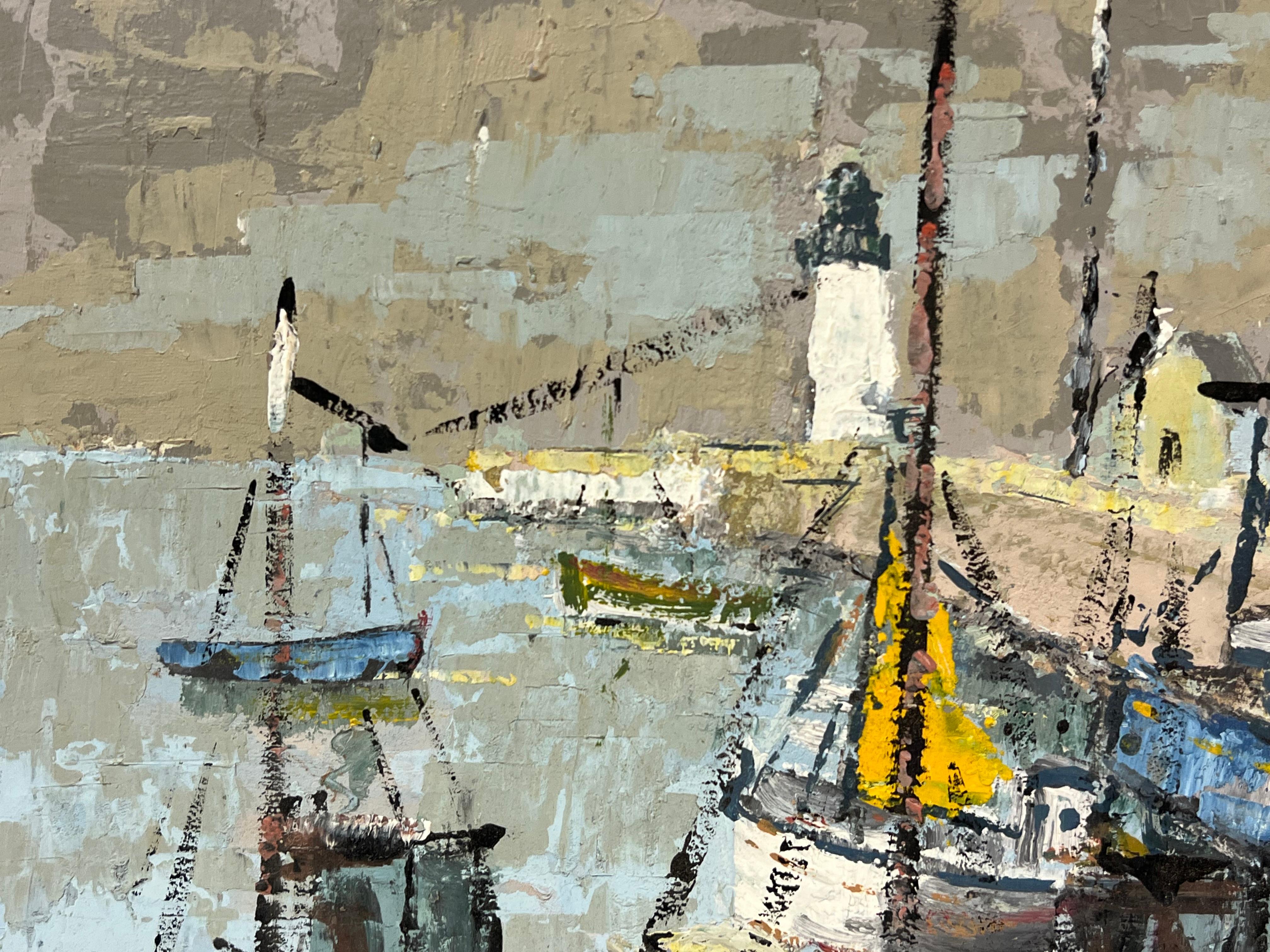 Impressionista francese Barche da pesca al porto con faro Pittura a olio - Landscape Painting Grigio di Fanch Lel