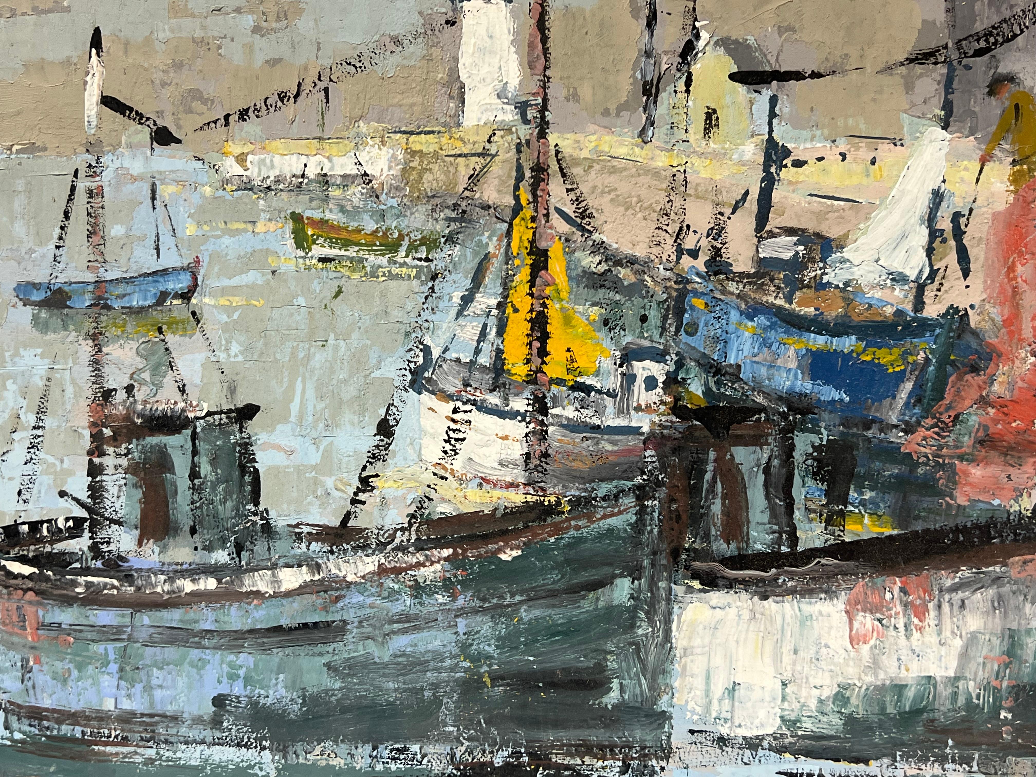 Barche da pesca nel porto con il faro
di Fanch Lel (francese, nato nel 1930)
Dimensioni: 15 x 18 pollici
Pittura a olio su tavola, senza cornice
Condit: Il dipinto è in buone condizioni, con lievi segni di invecchiamento.
Provenienza: Tutti i