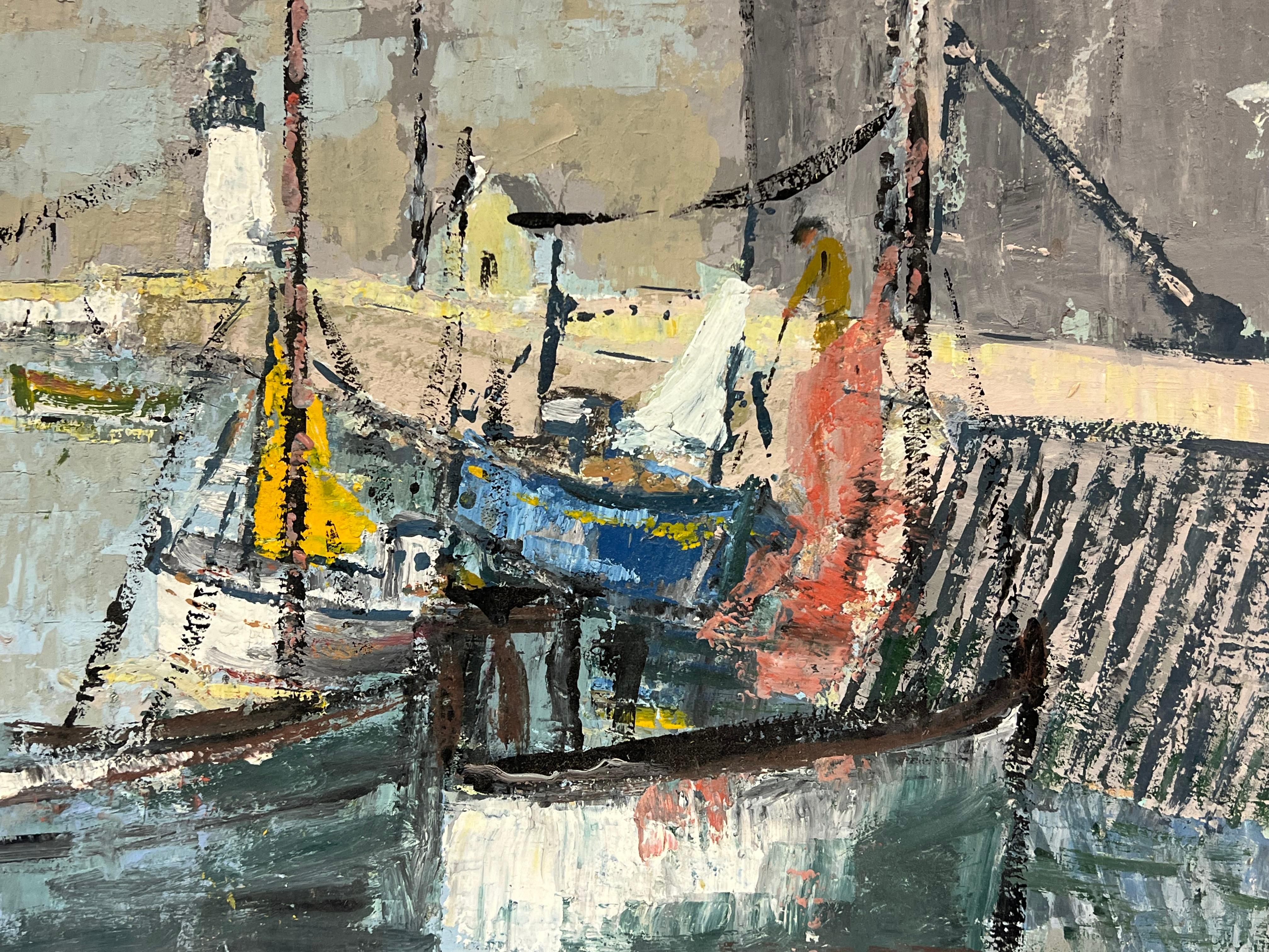Impressionista francese Barche da pesca al porto con faro Pittura a olio in vendita 1