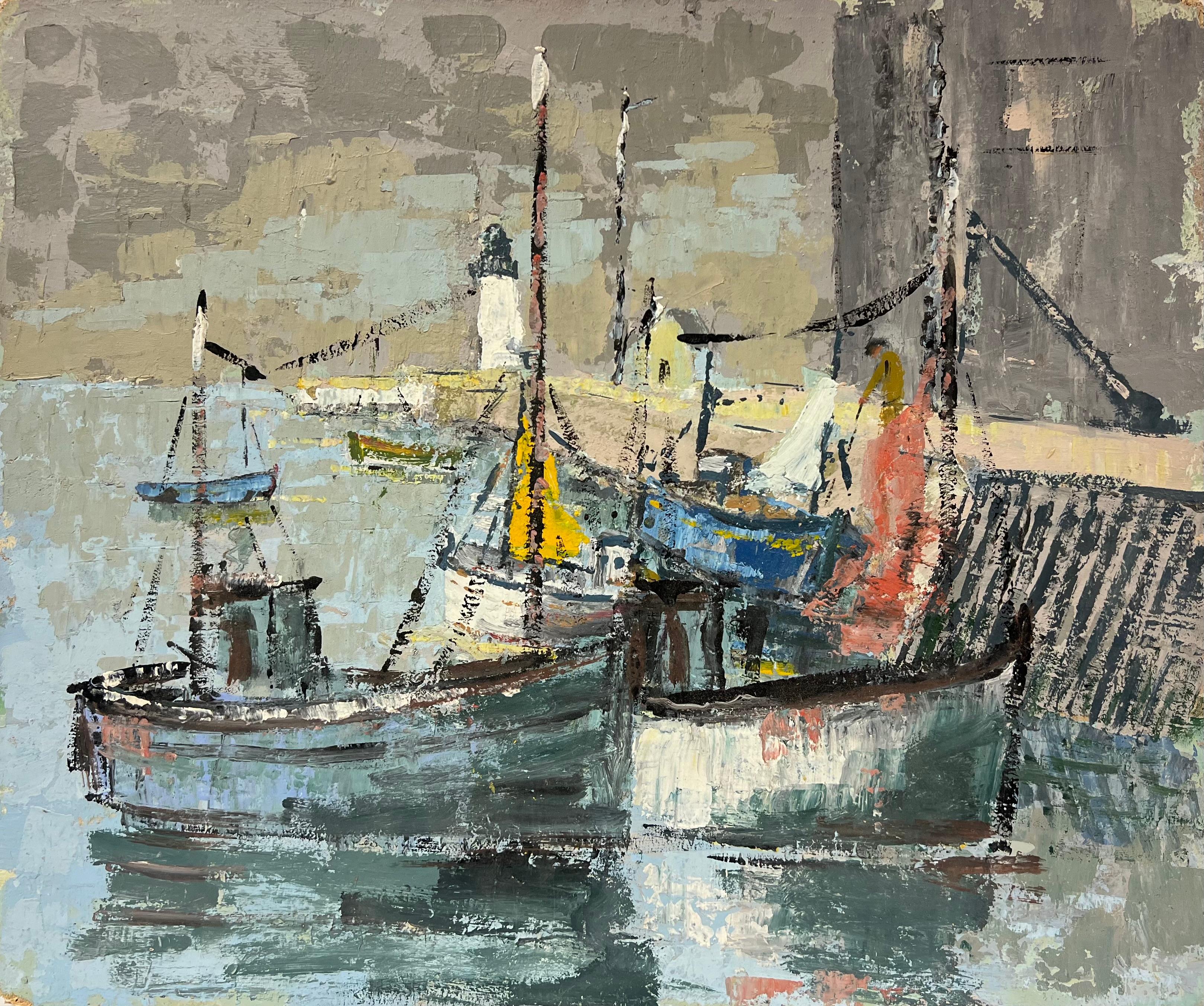 Landscape Painting di Fanch Lel - Impressionista francese Barche da pesca al porto con faro Pittura a olio
