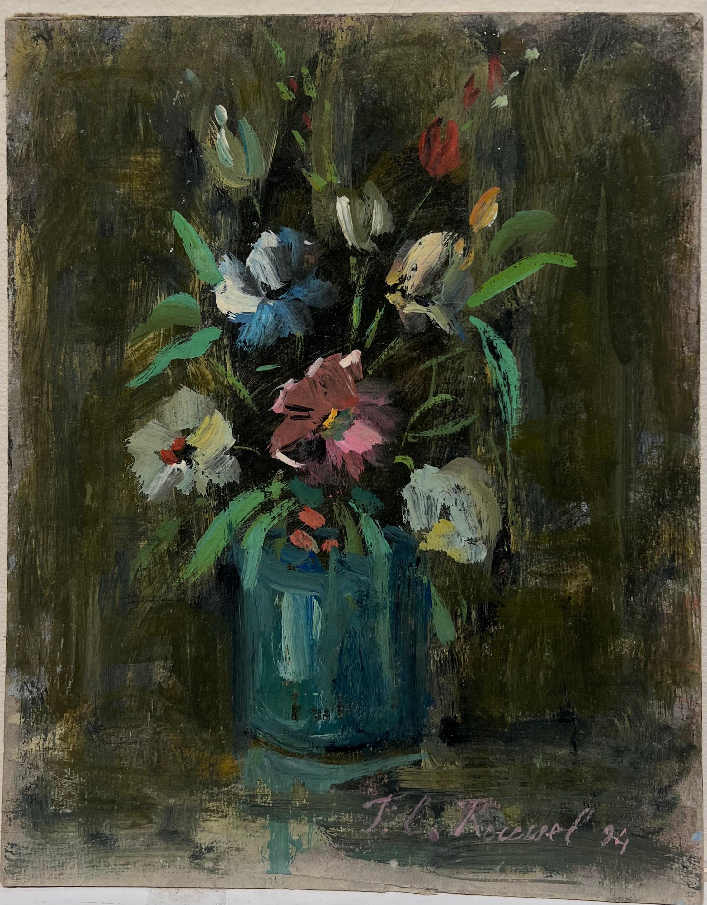 Bodegón floral impresionista francés de ramo de flores en jarrón de cristal azul - Painting de Fanch Lel