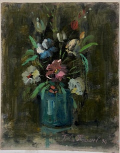 French Impressionist Floral Still life of Flower Bouquet in a Blue Glass Vase