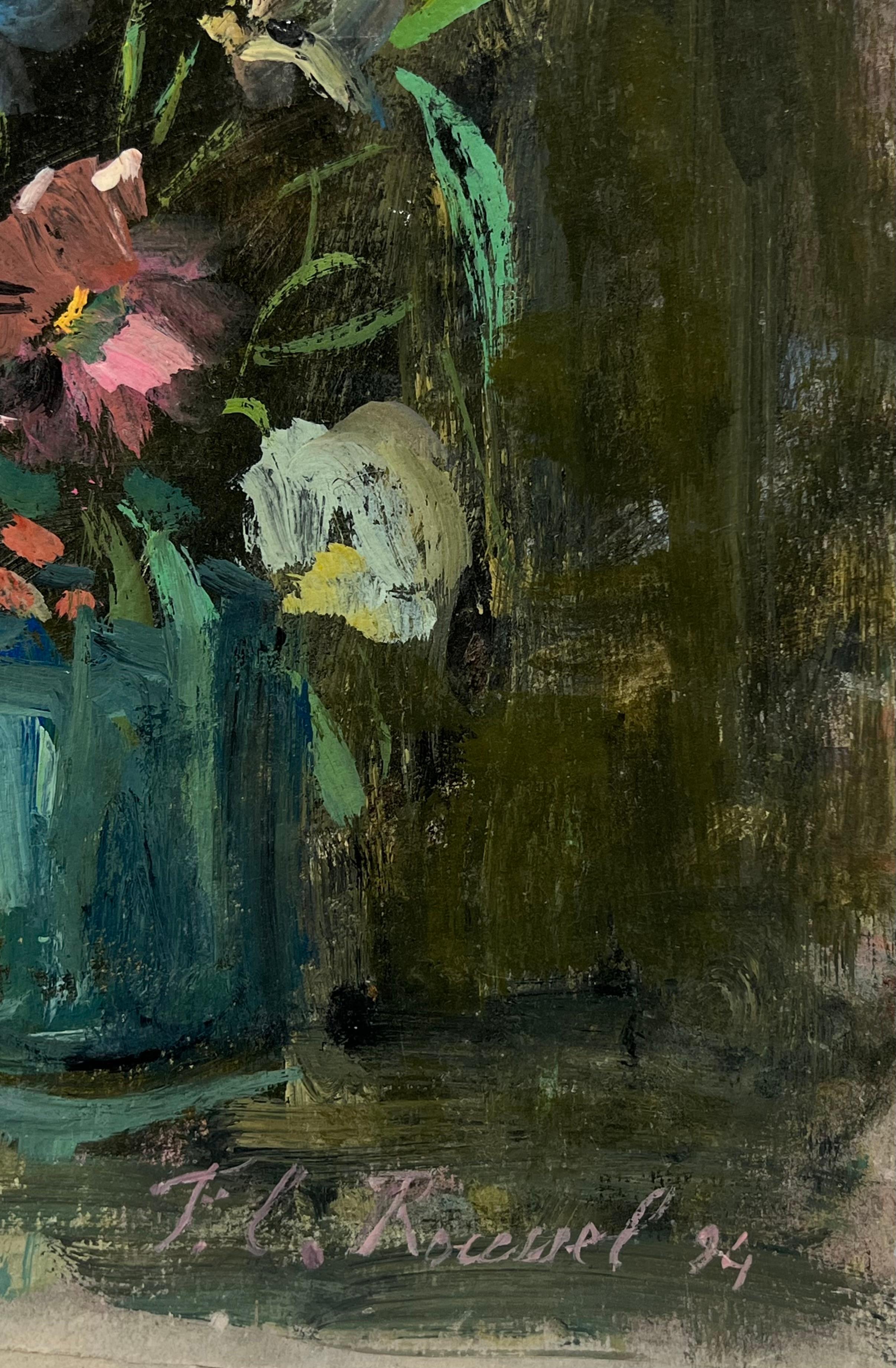 Bodegón floral impresionista francés de ramo de flores en jarrón de cristal azul - Painting Impresionista de Fanch Lel