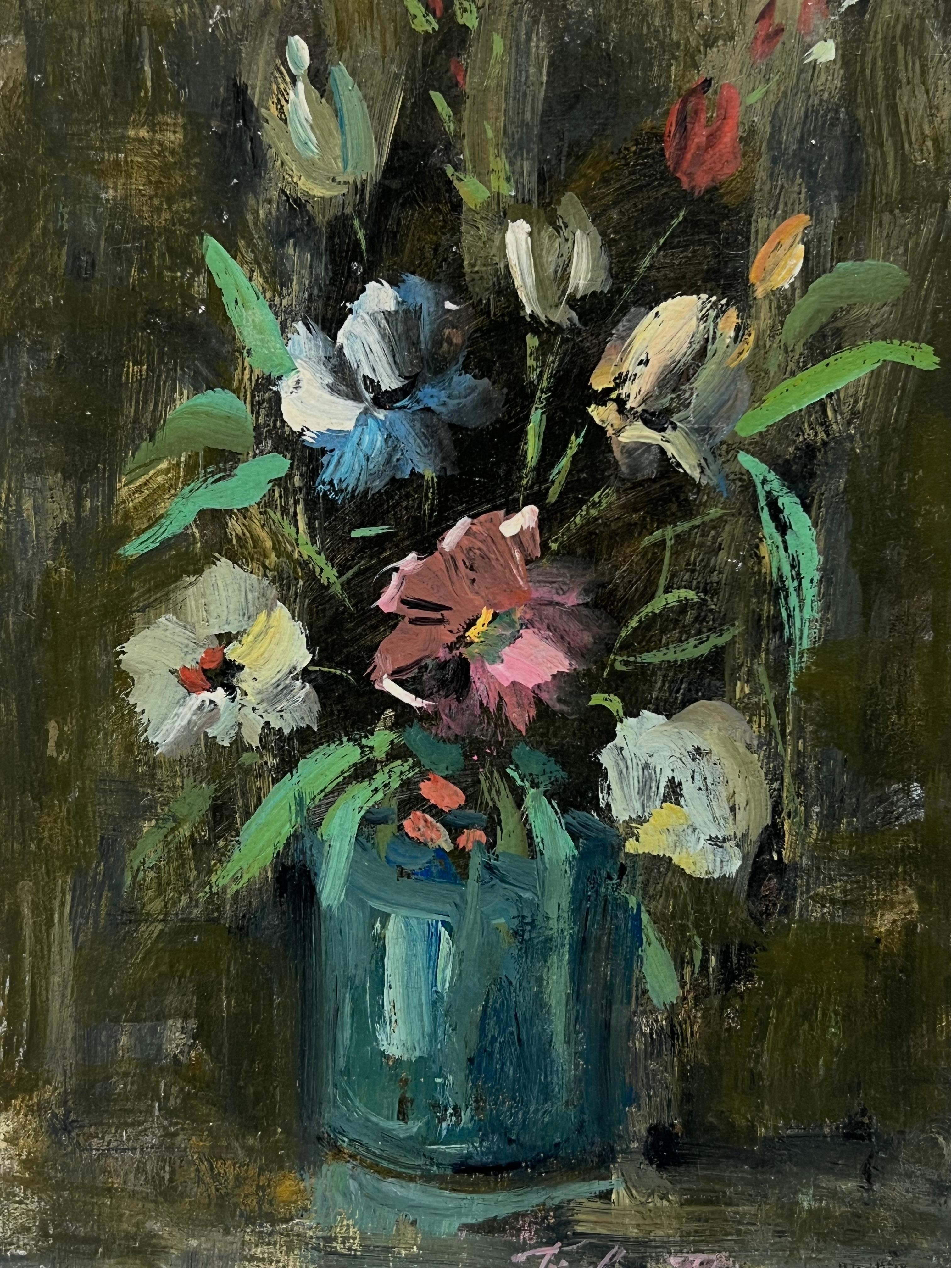 Bodegón floral impresionista francés de ramo de flores en jarrón de cristal azul - Interior Painting Negro de Fanch Lel