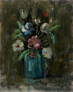French Impressionist Floral Still life of Flower Bouquet in a Blue Glass Vase