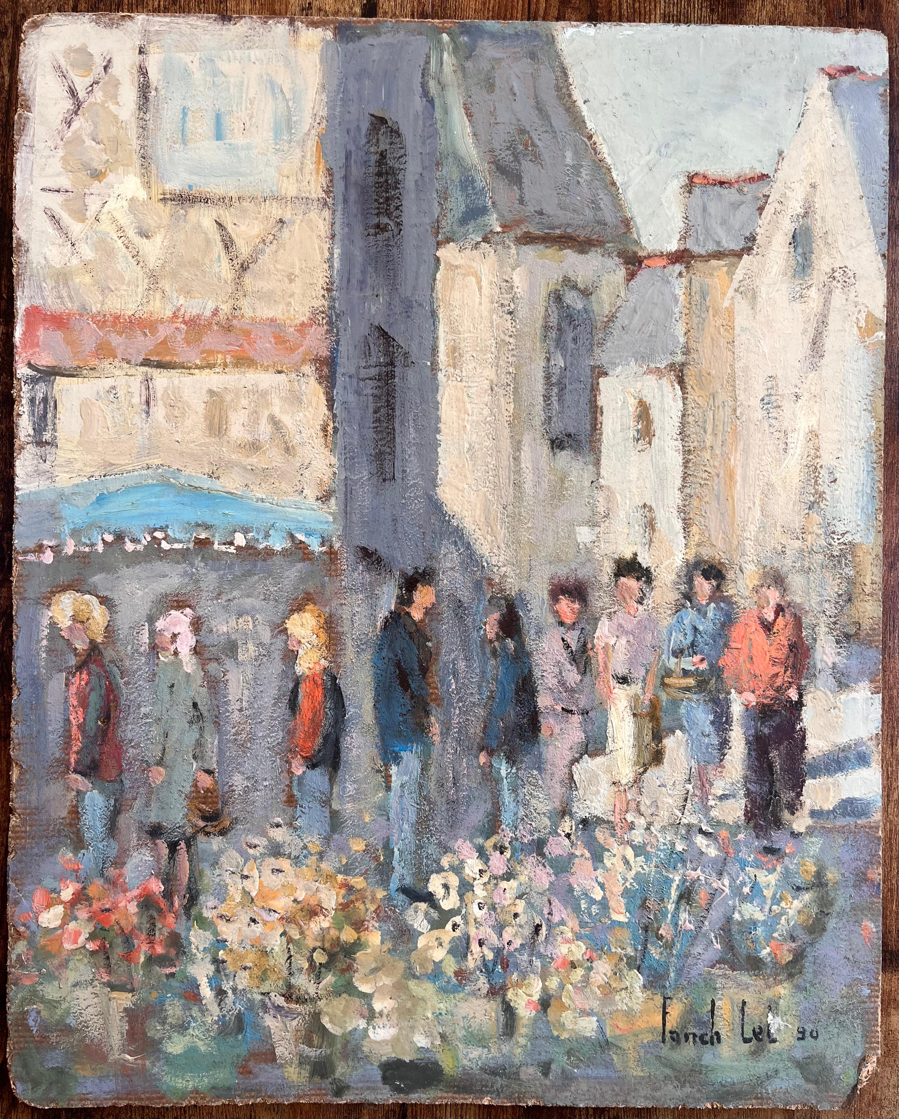 Scène de marché à fleurs impressionniste française avec figures et église en pierre - Painting de Fanch Lel