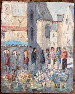 French Impressionist Flower Market Scene with Figures and Stone Church