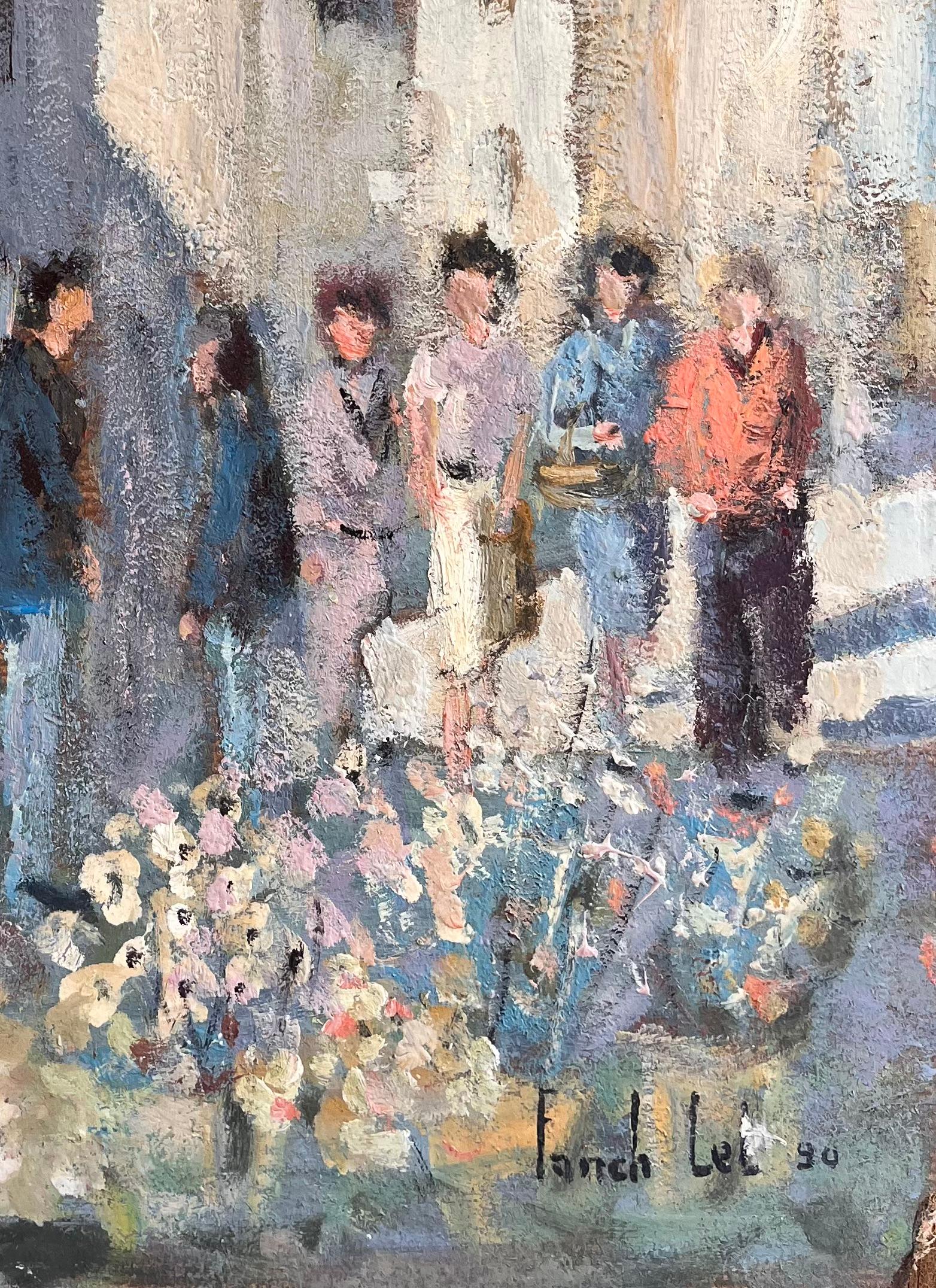 Scène de marché à fleurs impressionniste française avec figures et église en pierre - Impressionnisme Painting par Fanch Lel