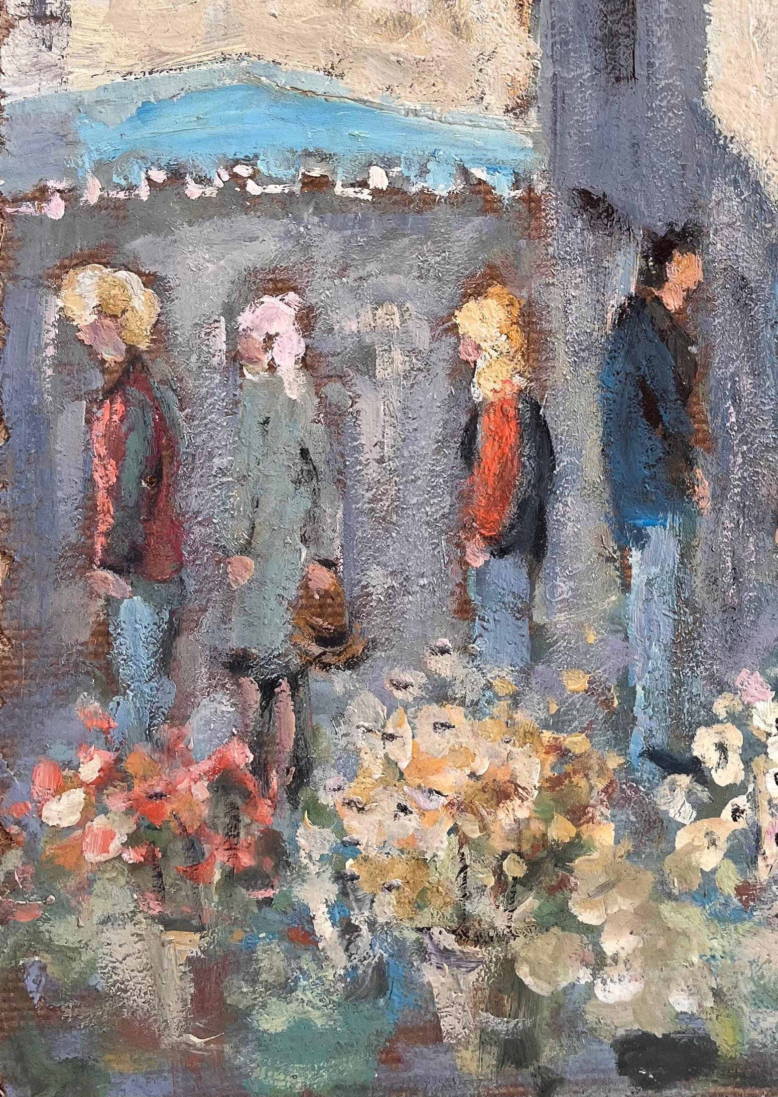 Scène de marché à fleurs impressionniste française avec figures et église en pierre - Gris Abstract Painting par Fanch Lel