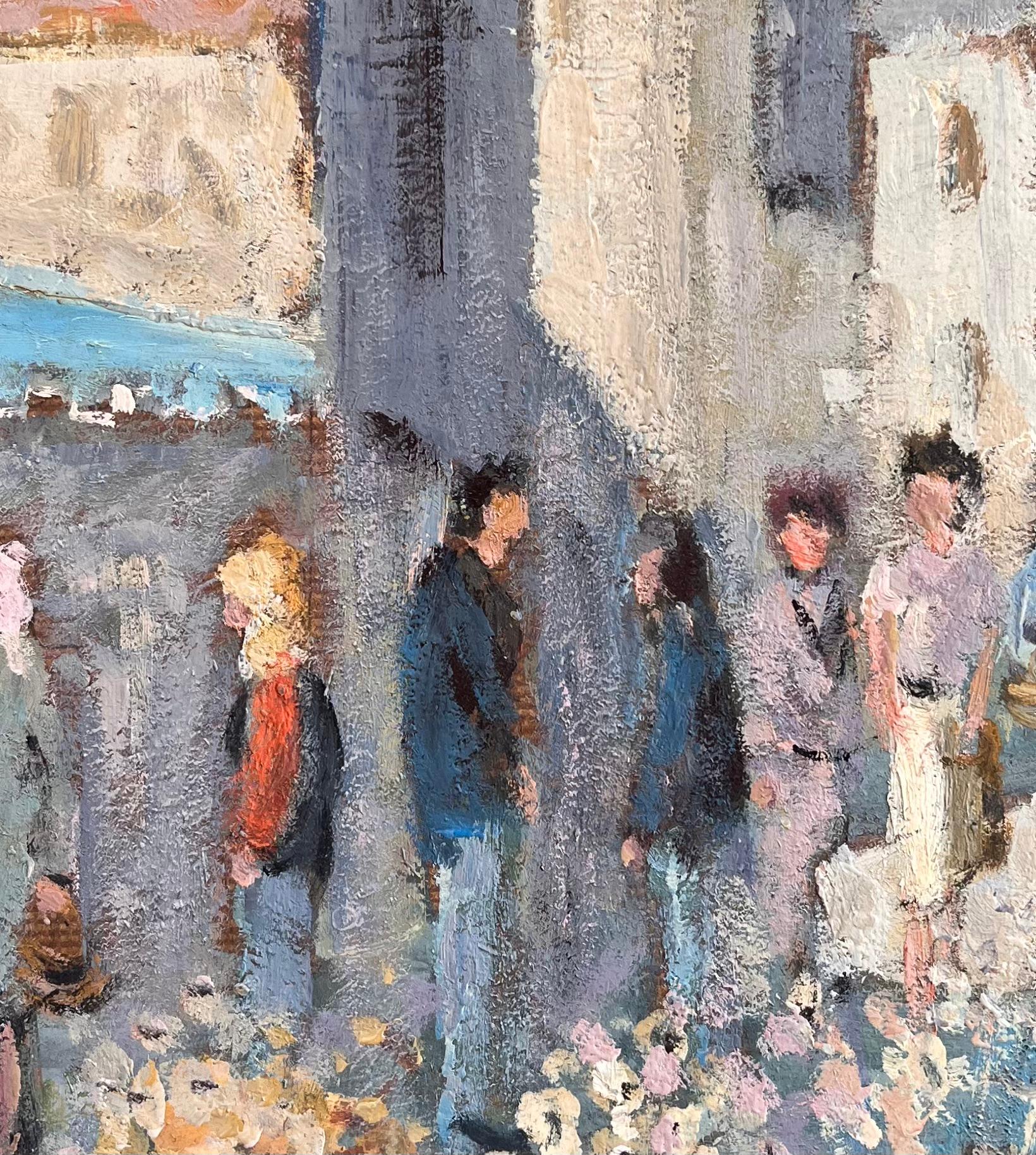 Scène de marché à fleurs impressionniste française avec figures et église en pierre en vente 1